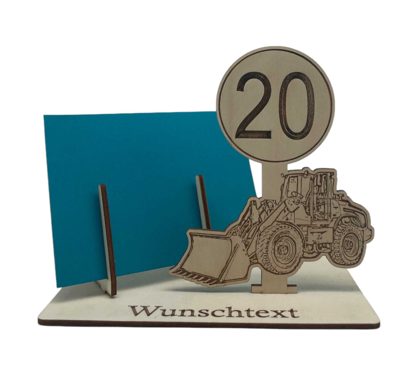 20. Geburtstag – kreative Geldgeschenk-Verpackung mit Baustellen-Design, Radlader-Motiv und Wunschgravur.