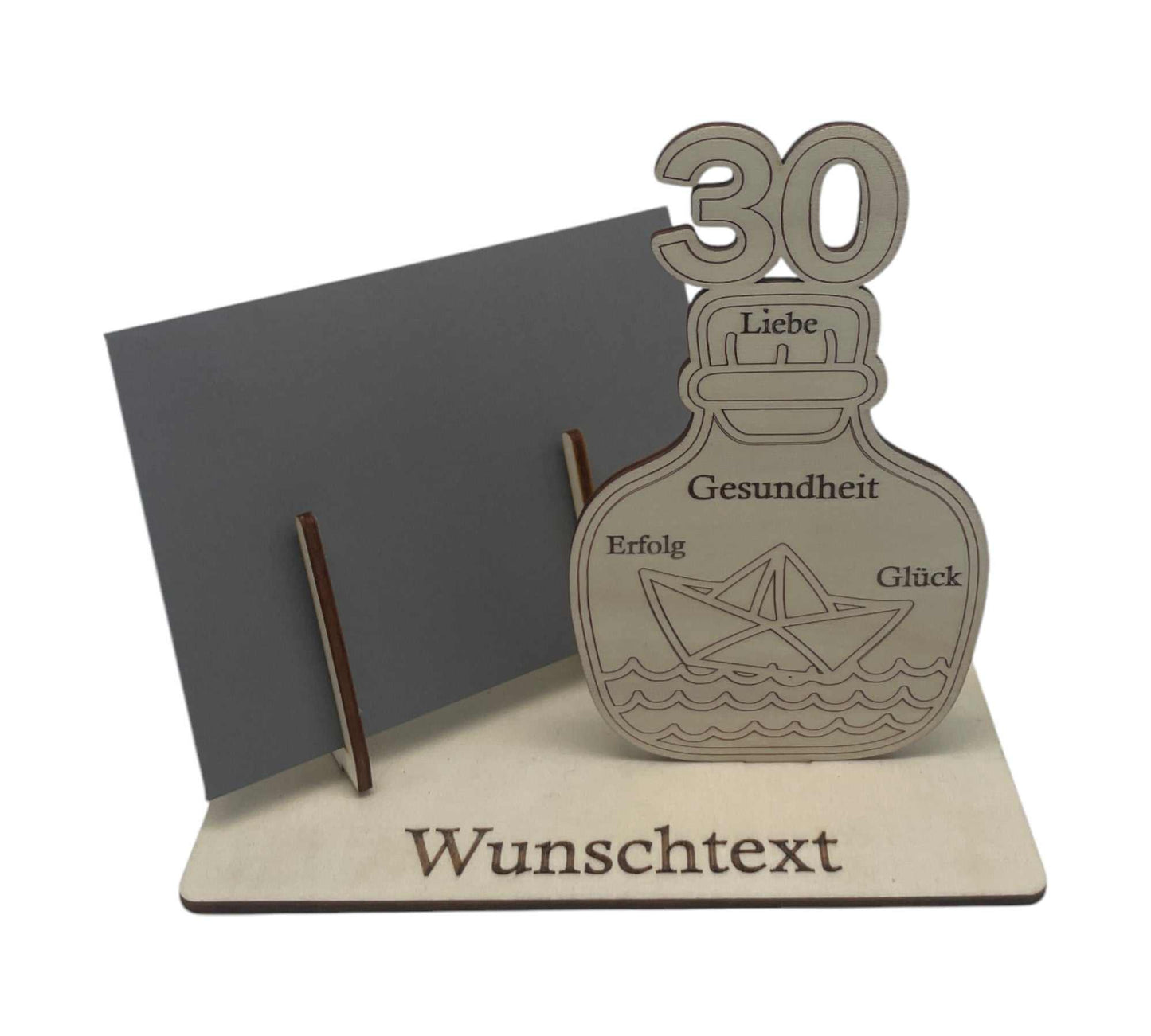 30 Geburtstag – Geldgeschenk kreativ verpacken mit einer dekorativen Holz-Gutscheinverpackung und elegantem Flaschen-Design.
