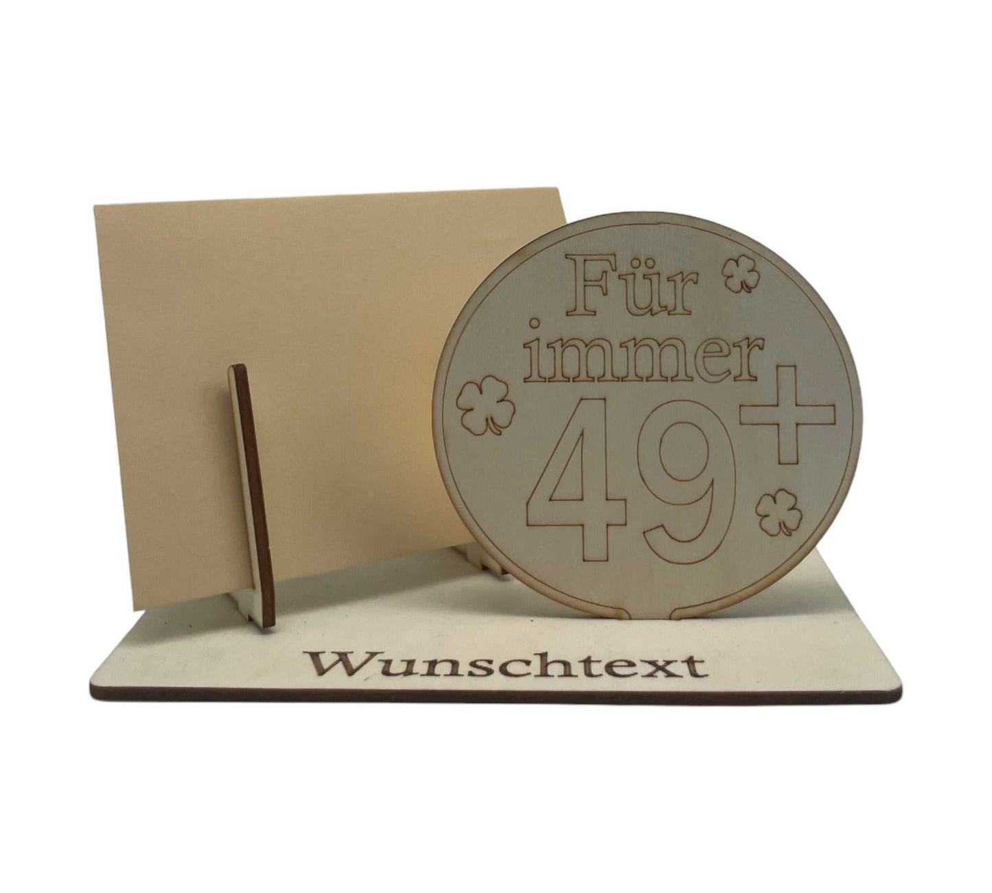 50 Geburtstag – Geldgeschenk kreativ verpacken mit einer dekorativen Holz-Gutscheinverpackung und „Für immer 49+“-Gravur.