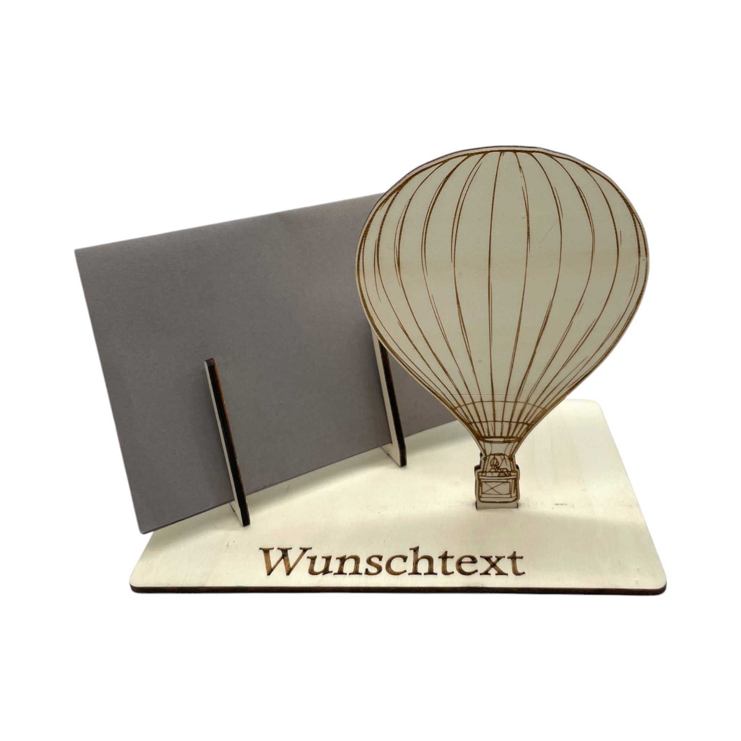 Holz-Gutscheinhalter mit Heißluftballon-Motiv, perfekt zum Gutschein verpacken oder für Geldgeschenke. Mit individueller Gravur möglich.