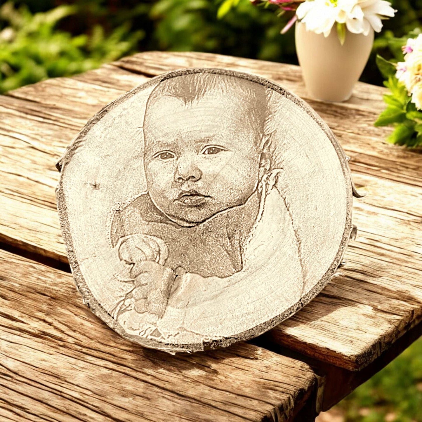 Baumscheibe mit Fotogravur eines Babys – dekorative Erinnerung für dein Zuhause.