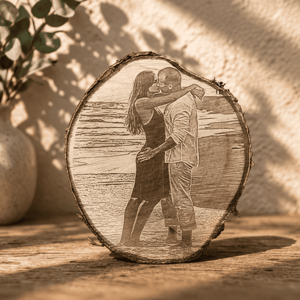 baumscheibe personalisiert mit fotogravur eigenes motiv wird dauerhaft in holz graviert