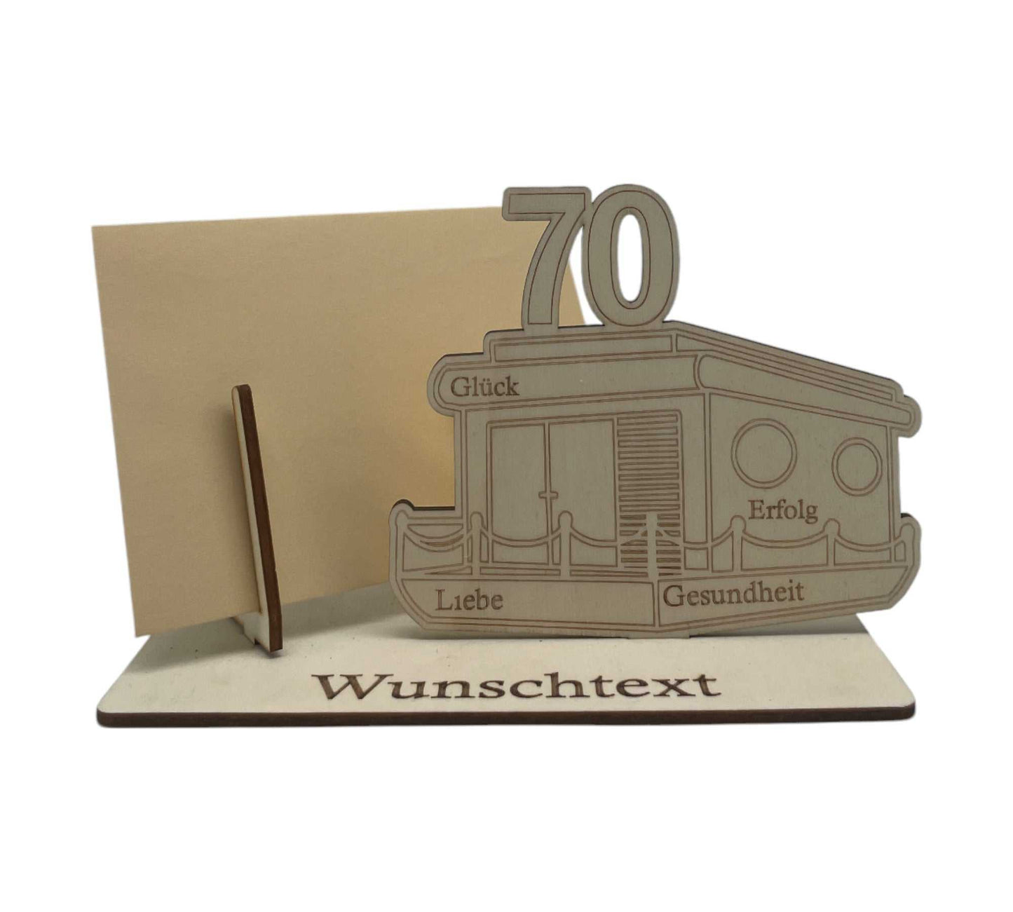 Geldgeschenk stilvoll überreichen – Gutscheinverpackung für den 70. Geburtstag mit Hausboot, Meeres-Motiv und Wunschgravur.