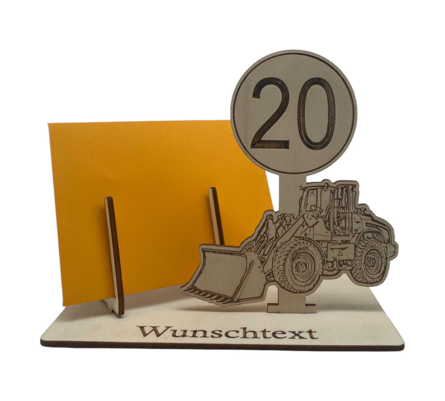 Geschenk-Gutscheinverpackung für den 20. Geburtstag – personalisierte Gravur mit Namen und Baumaschinen-Design für Bau-Liebhaber.