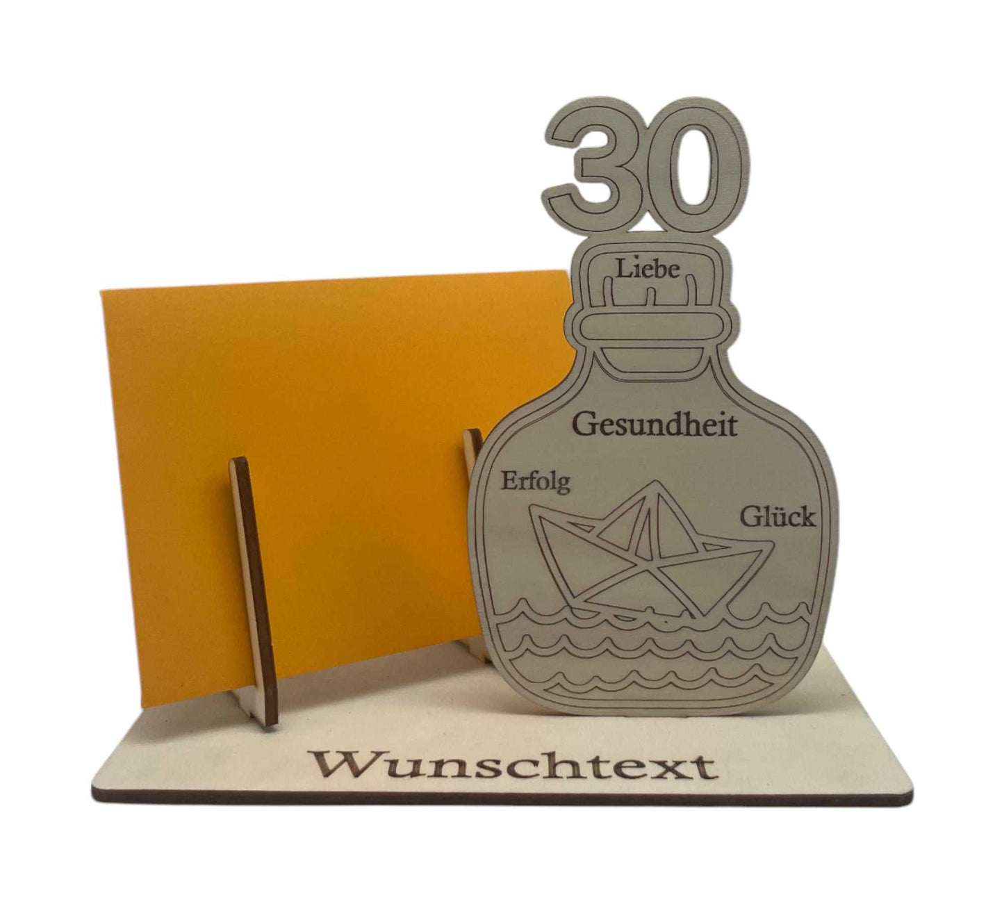 Geschenk-Gutscheinverpackung für den 30 Geburtstag – personalisierte Gravur mit Namen, Flasche und maritimen Symbolen.