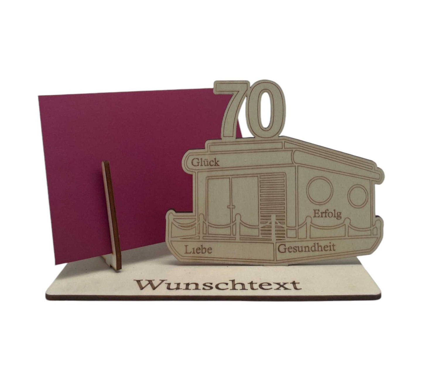 Geschenk-Gutscheinverpackung für den 70. Geburtstag – personalisierte Gravur mit Hausboot, Zahl 70 und maritimen Symbolen.
