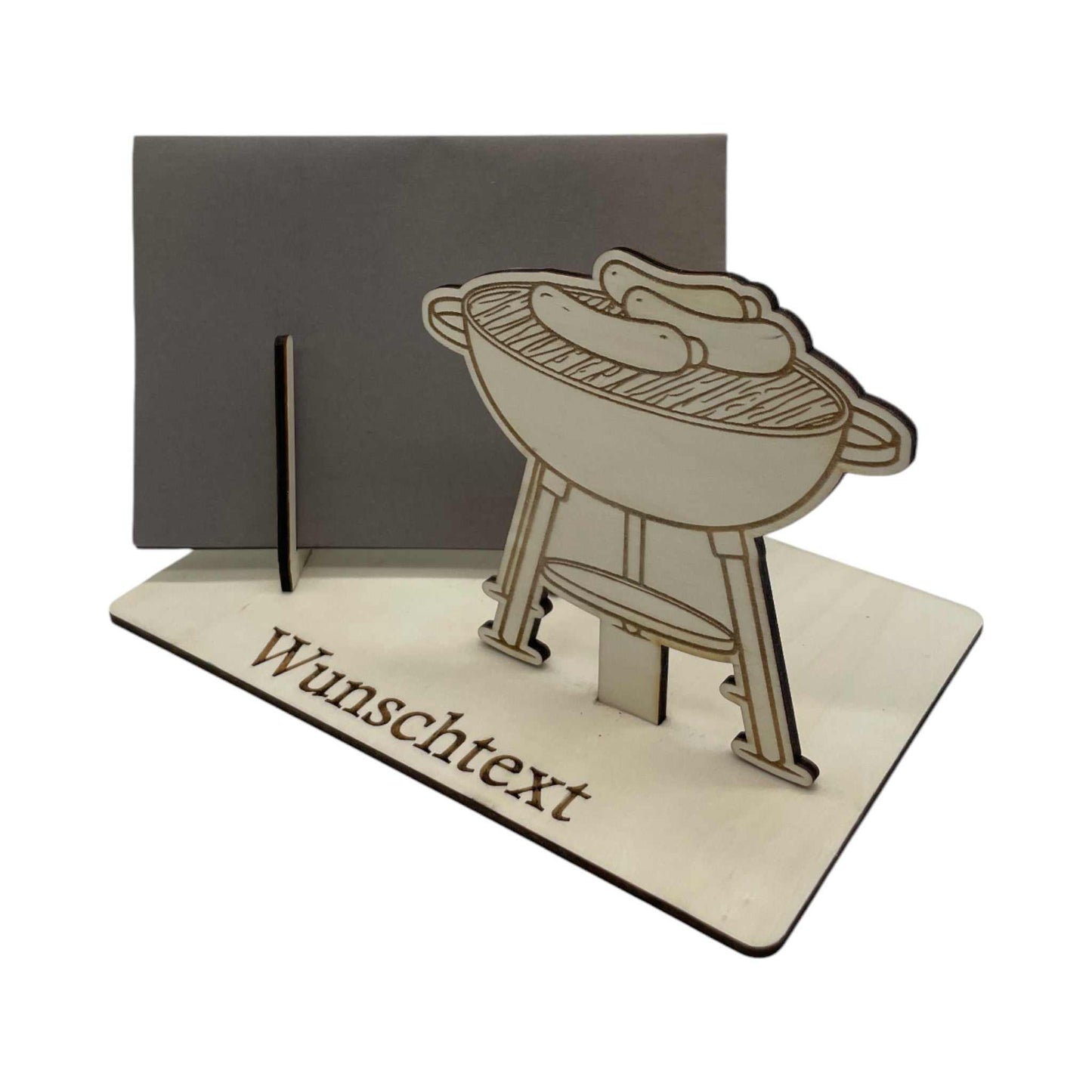 Geschenk für Grillmeister – Holz-Gutscheinhalter mit Grill. Gutschein verpacken für BBQ-Fans, mit Gravur personalisierbar.