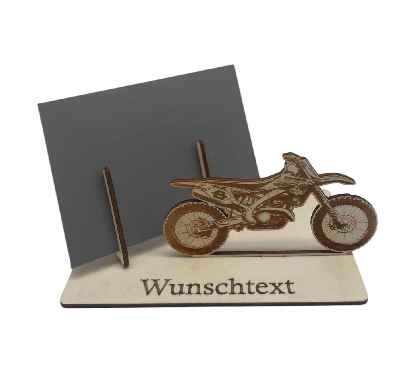Gutscheinhalter aus Pappel-Bastelholz mit Crossbike-Design und Wunschtext