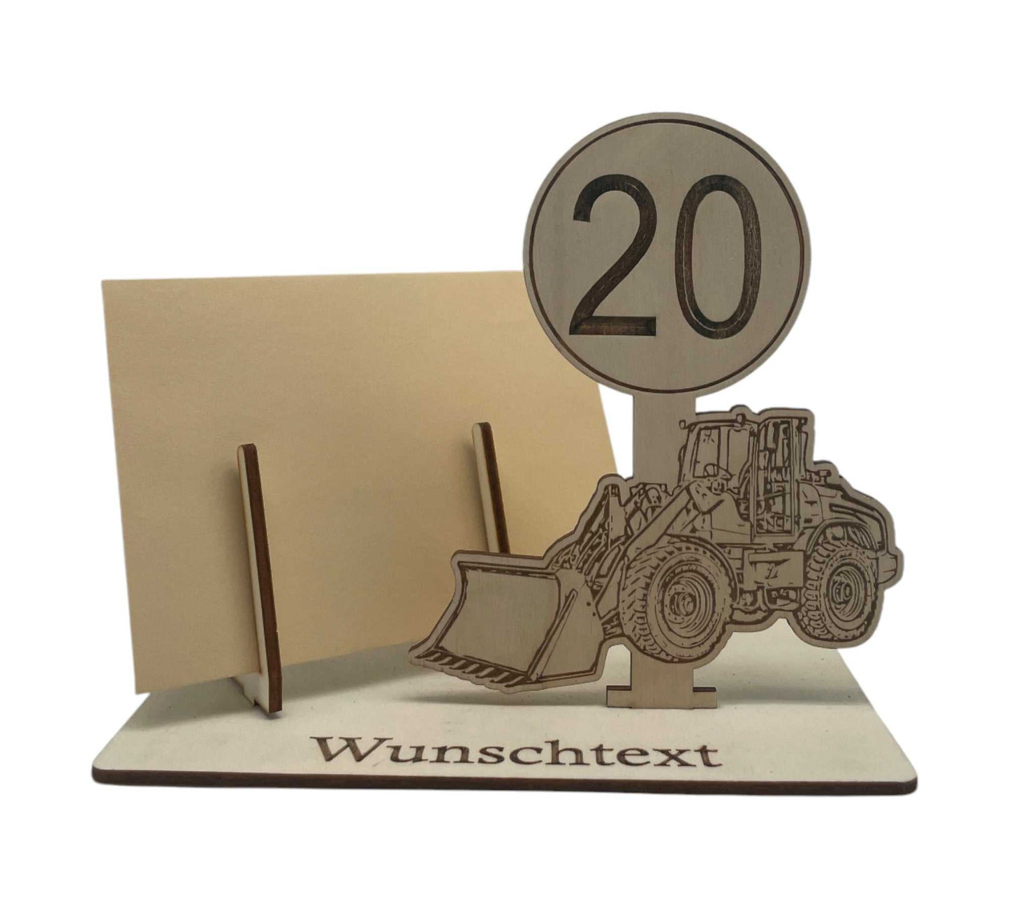 Gutschein kreativ verpacken für den 20 Geburtstag – Holzverpackung mit Radlader-Motiv und Gravur für angehende Baumaschinenführer.