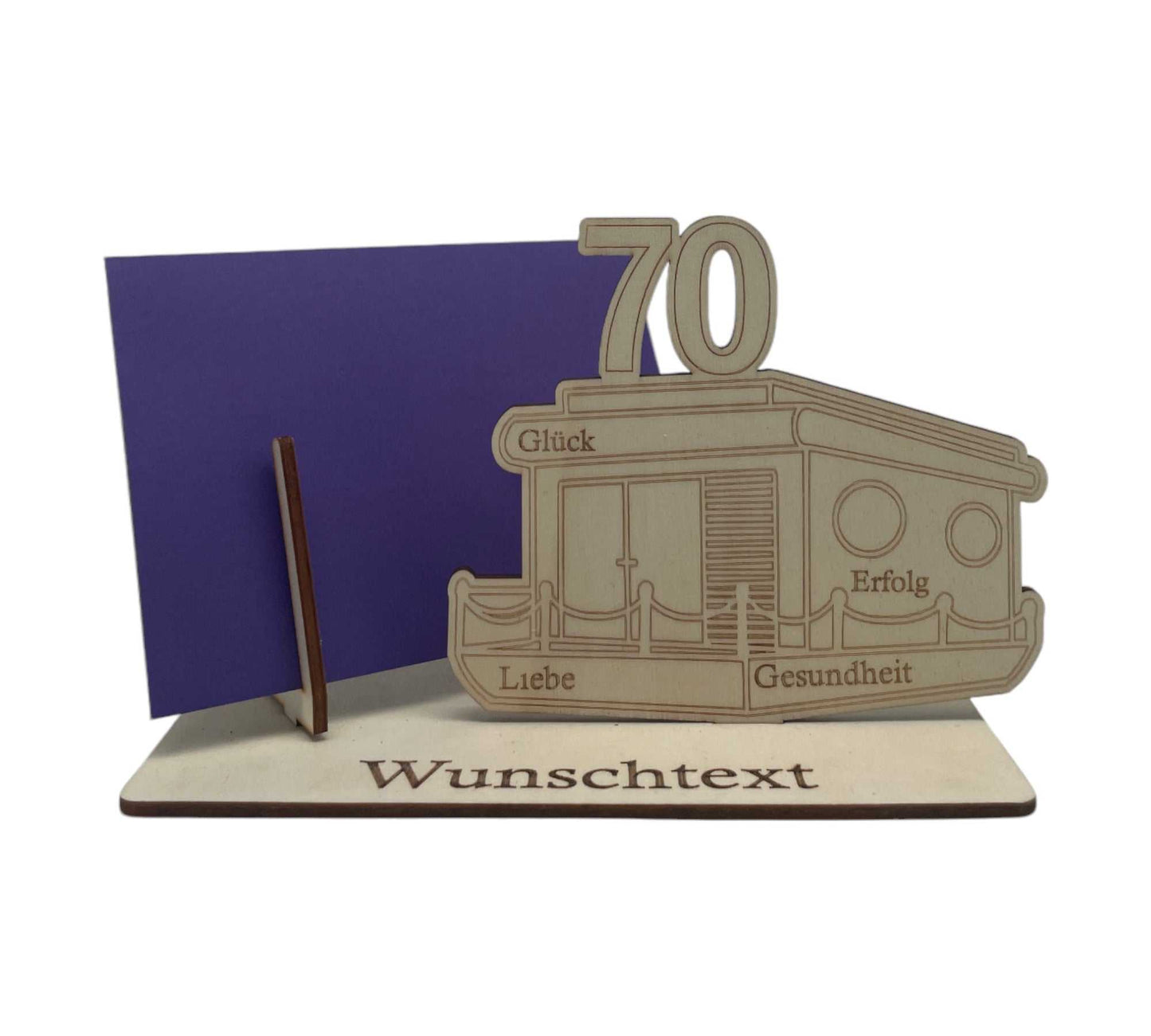 Gutschein kreativ verpacken für den 70. Geburtstag – maritime Holzverpackung mit Hausboot, Gravur und individueller Widmung.