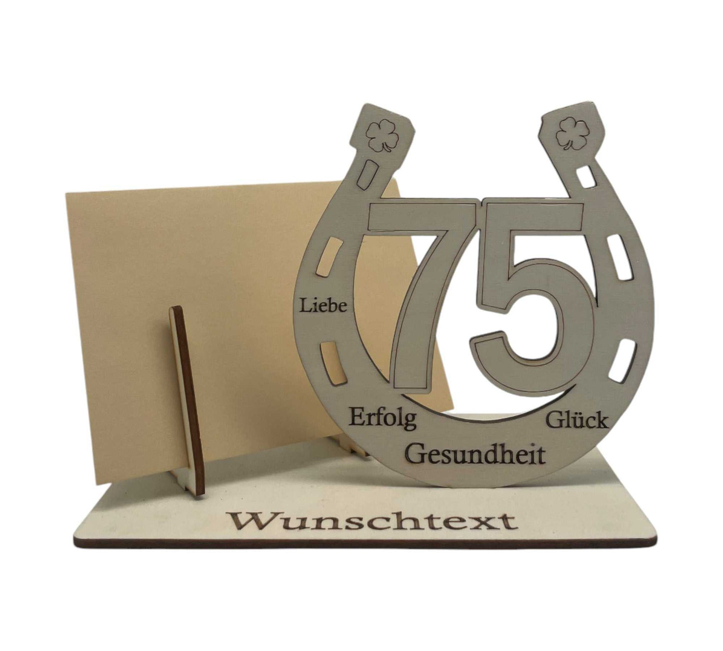 Gutschein kreativ verpacken für den 75 Geburtstag – Holzverpackung mit Hufeisen-Symbol und persönlicher Gravur für Glücksmomente.