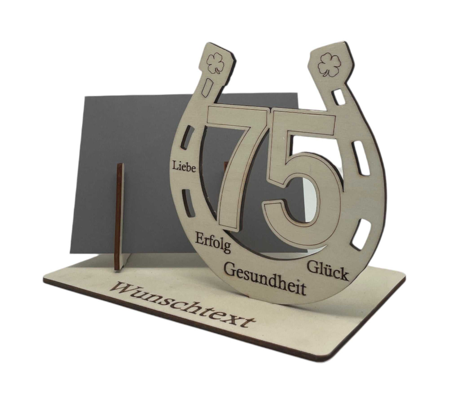 Gutschein stilvoll verpacken zum 75. Geburtstag – Holzverpackung mit Hufeisen-Motiv, Zahl 75 und individueller Gravur.