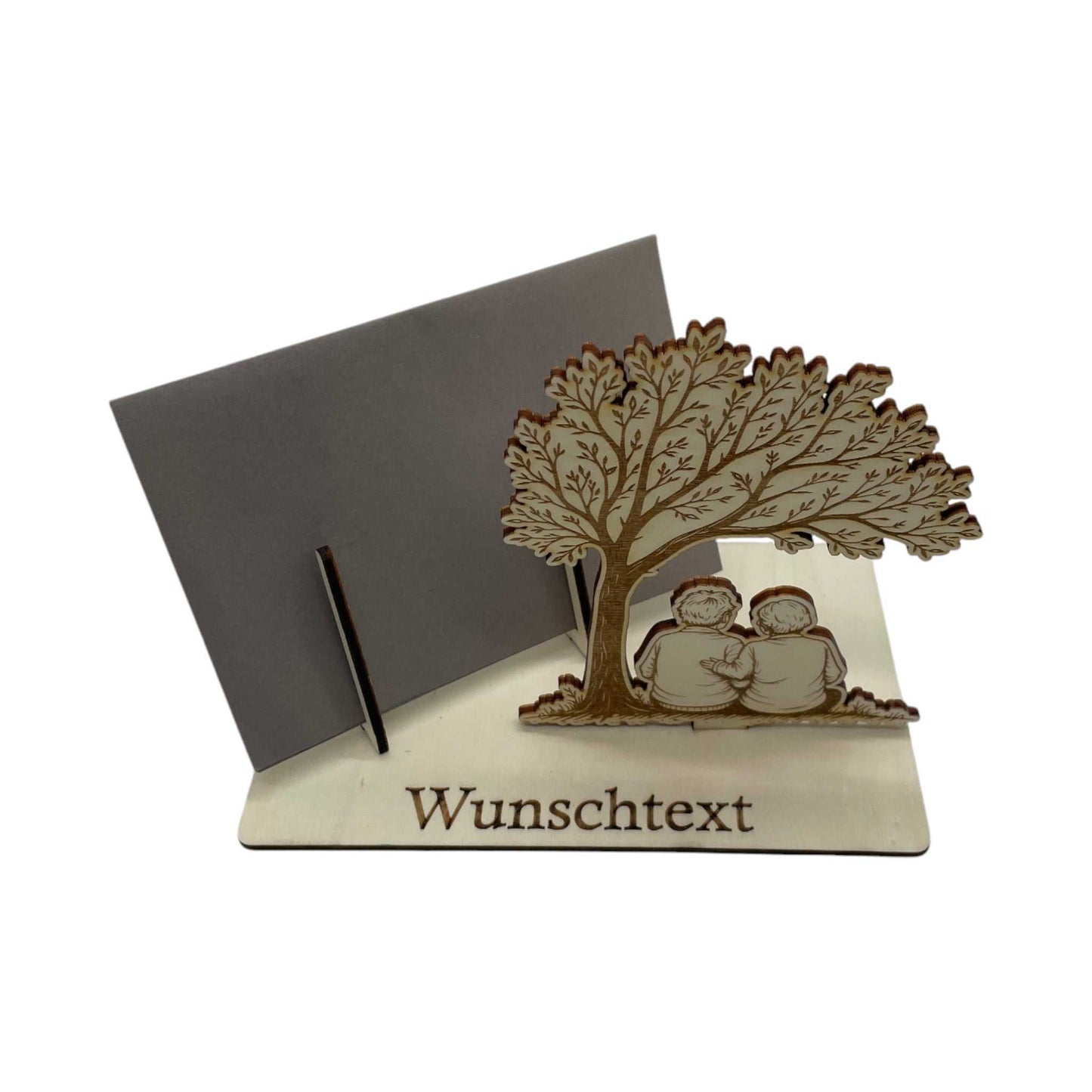 Stilvoller Gutscheinhalter aus Holz mit Paar unter einem Baum – perfekt für Eltern, Großeltern und besondere Anlässe.
