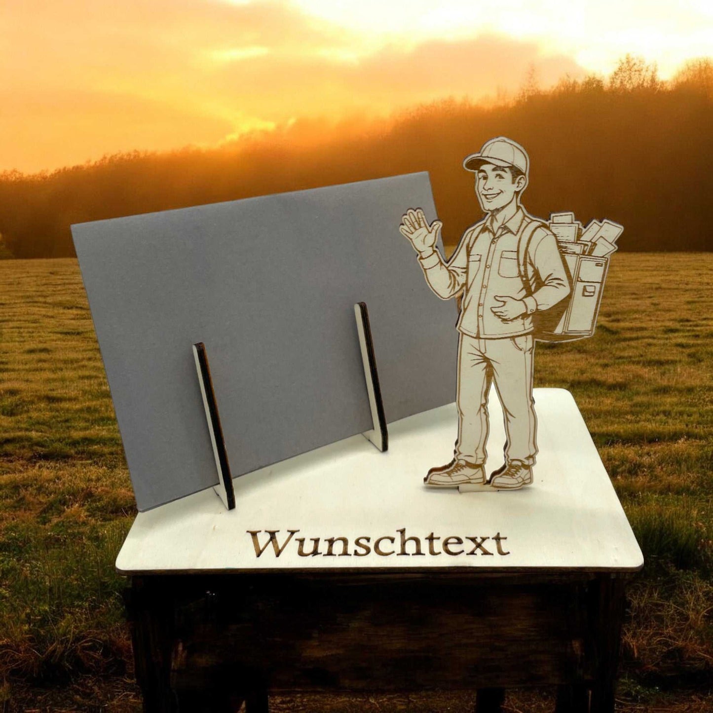 Gutschein verpacken – Holz-Gutscheinhalter mit Postboten-Motiv, perfekt für Geburtstagsgeschenke und kreative Geldgeschenke.