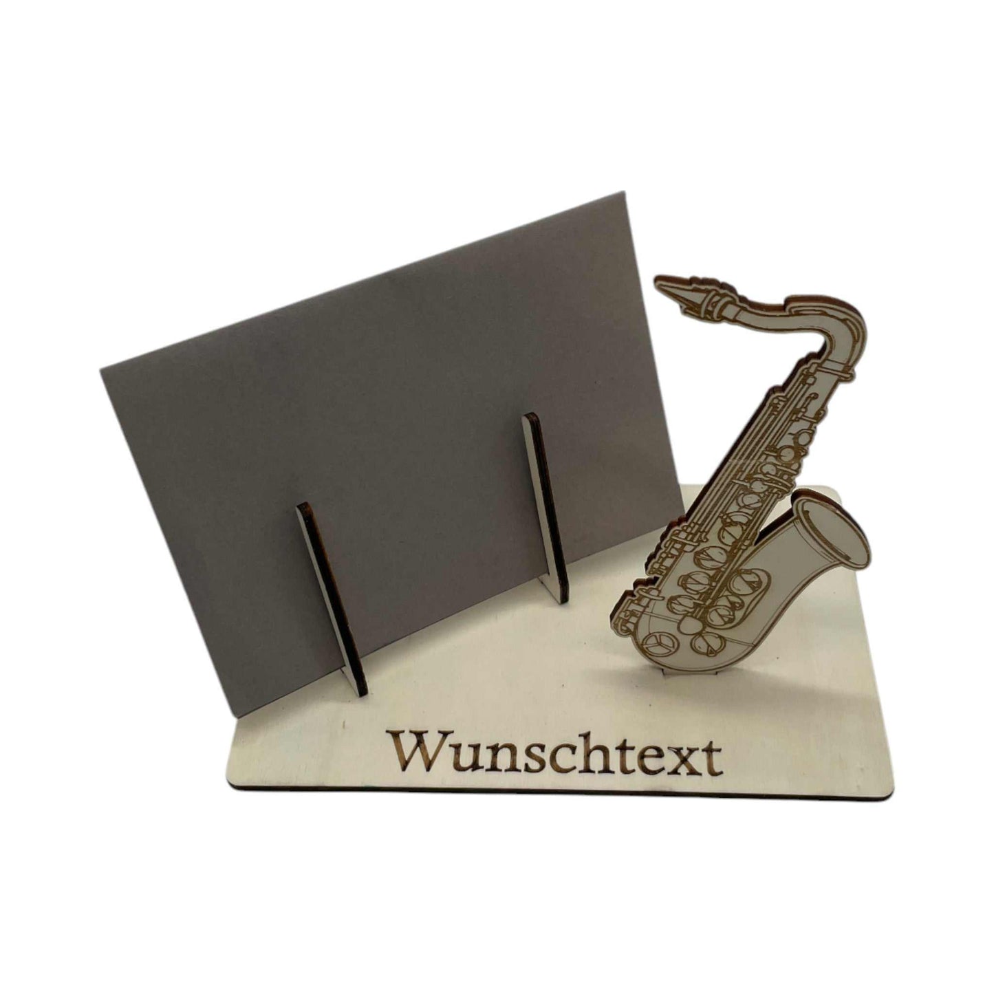 Gutschein verpacken mit Saxophon-Design – Holzhalter für Musikliebhaber und kreative Geldgeschenke, ideal für Geburtstage.