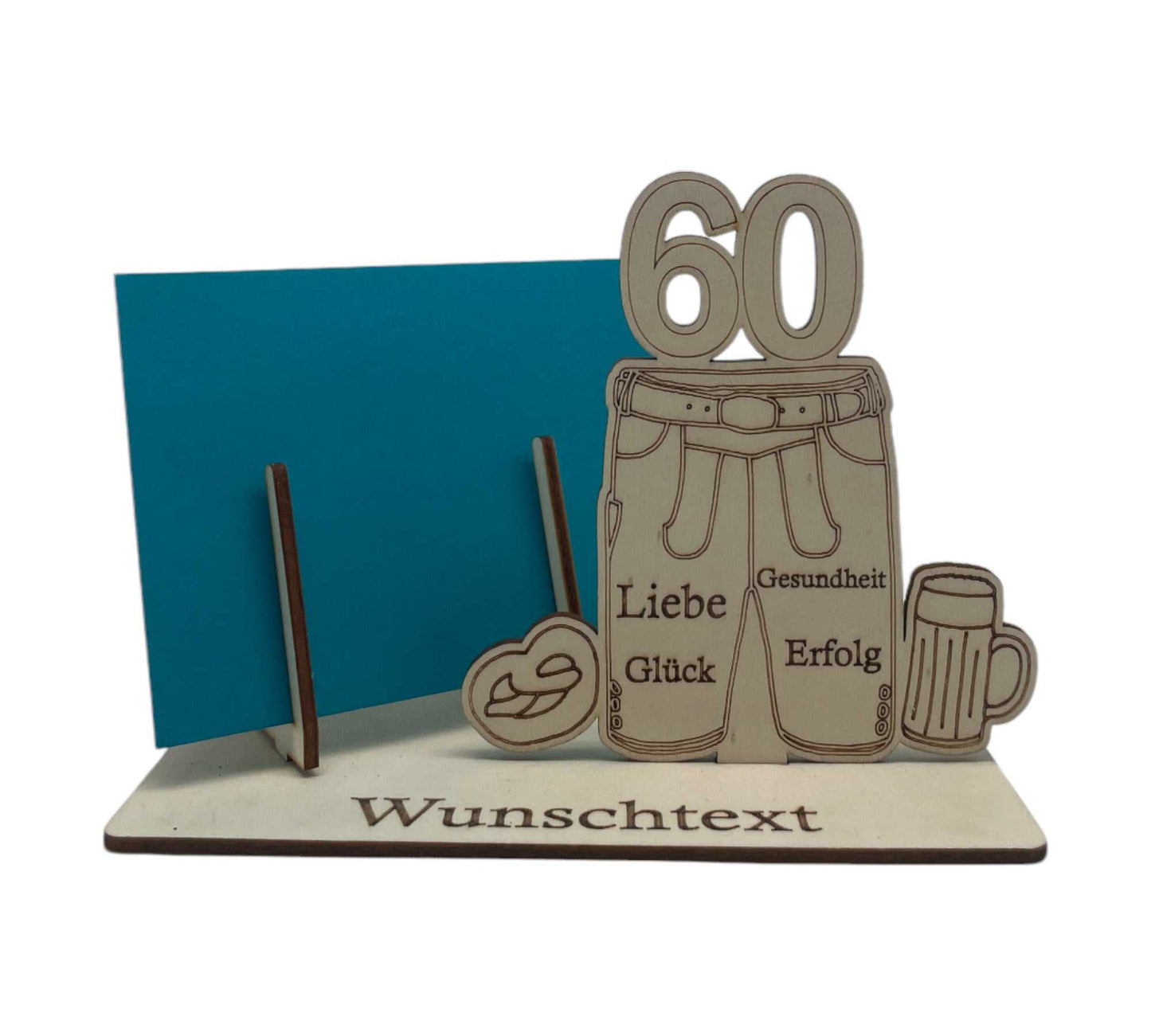 Gutscheinverpackung mit Lederhose für den 60 Geburtstag – ideal für Geldgeschenke oder Gutscheine mit persönlicher Gravur.