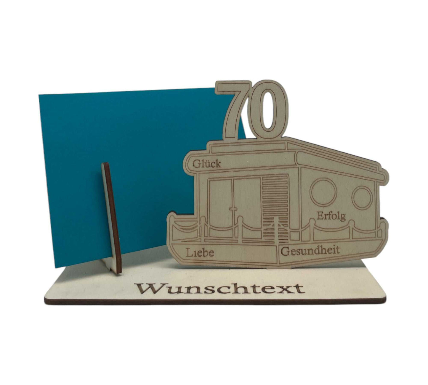 Gutscheinverpackung mit Hausboot-Symbol für den 70. Geburtstag – ideal für Geldgeschenke oder Gutscheine mit individueller Gravur.