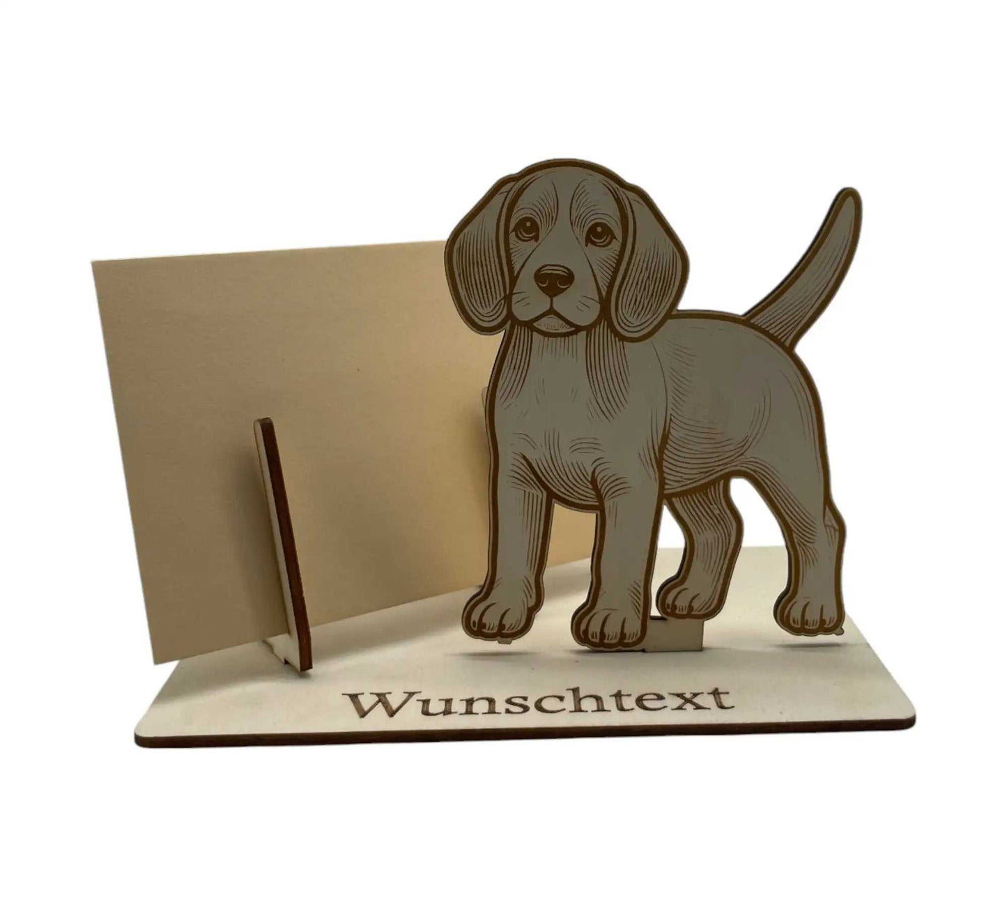 Gutschein verpacken – Beagle-Motiv aus Holz mit Auswahl aus sechs Umschlagfarben. Kreativer und personalisierbarer Gutscheinhalter für Hundeliebhaber.