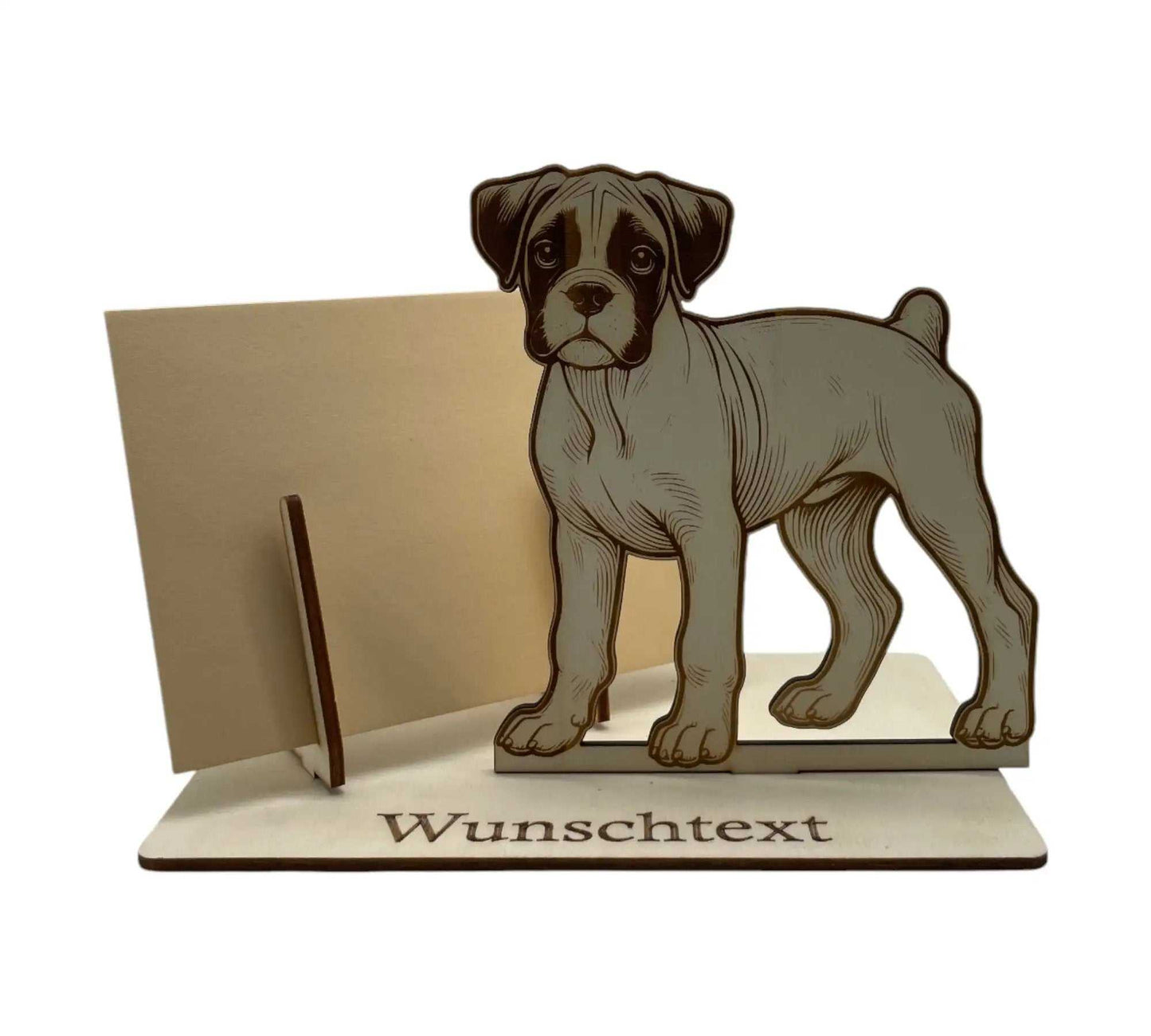 Gutscheinverpackung aus Holz im Boxer-Design, ideal für Hundebesitzer und Tierliebhaber.Gutschein verpacken mit persönlicher Gravur.