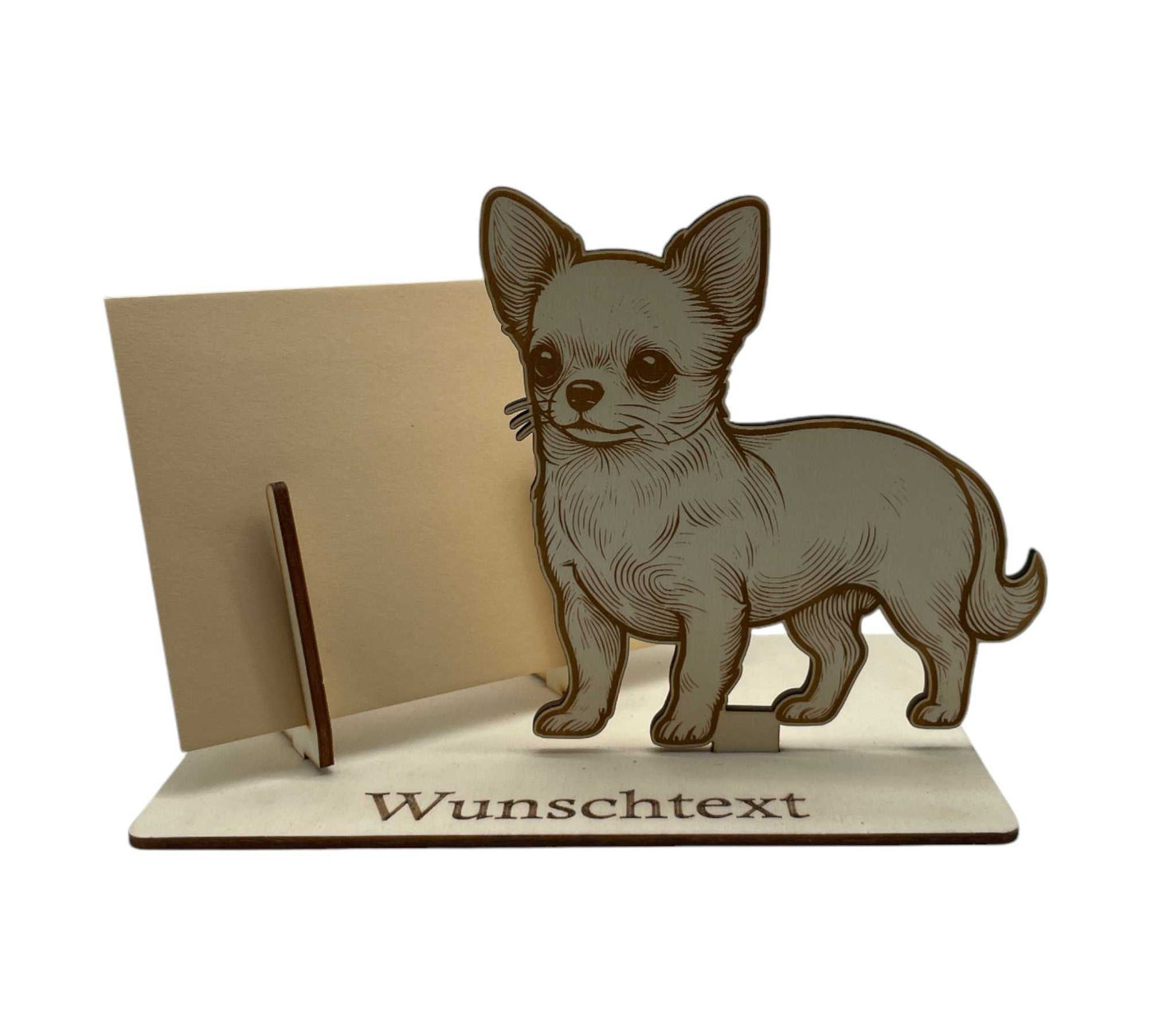 Gutschein verpacken – Gutscheinverpackung mit Chihuahua-Motiv aus Holz. Kreative Geschenkidee für Hundefreunde und kleine Hundeliebhaber.