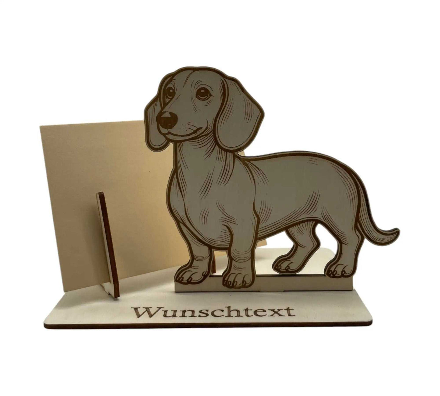 Gutschein verpacken – Gutscheinverpackung mit Dackel-Motiv aus Holz. Kreative Geschenkidee für Hundefreunde und Dackel-Liebhaber.