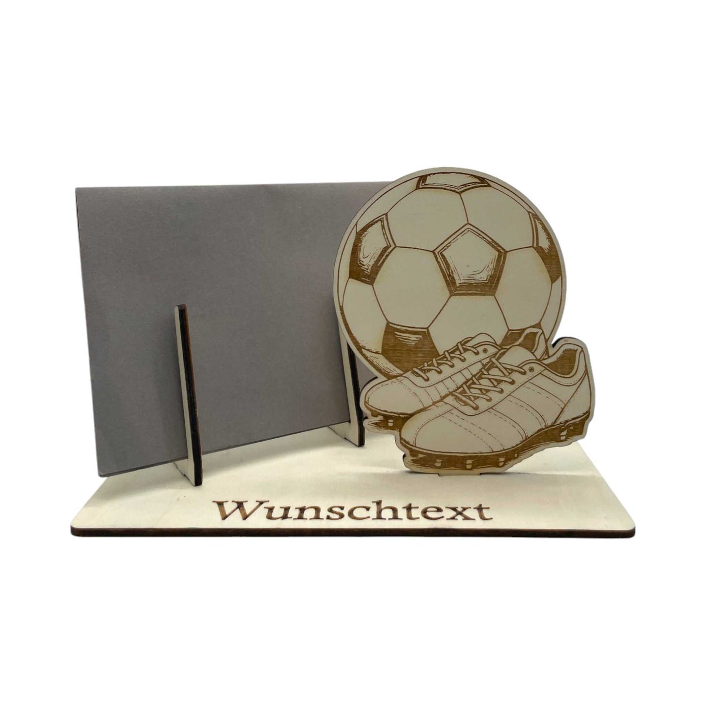 Gutscheinhalter mit Fußballmotiv aus Holz und Gravurfläche