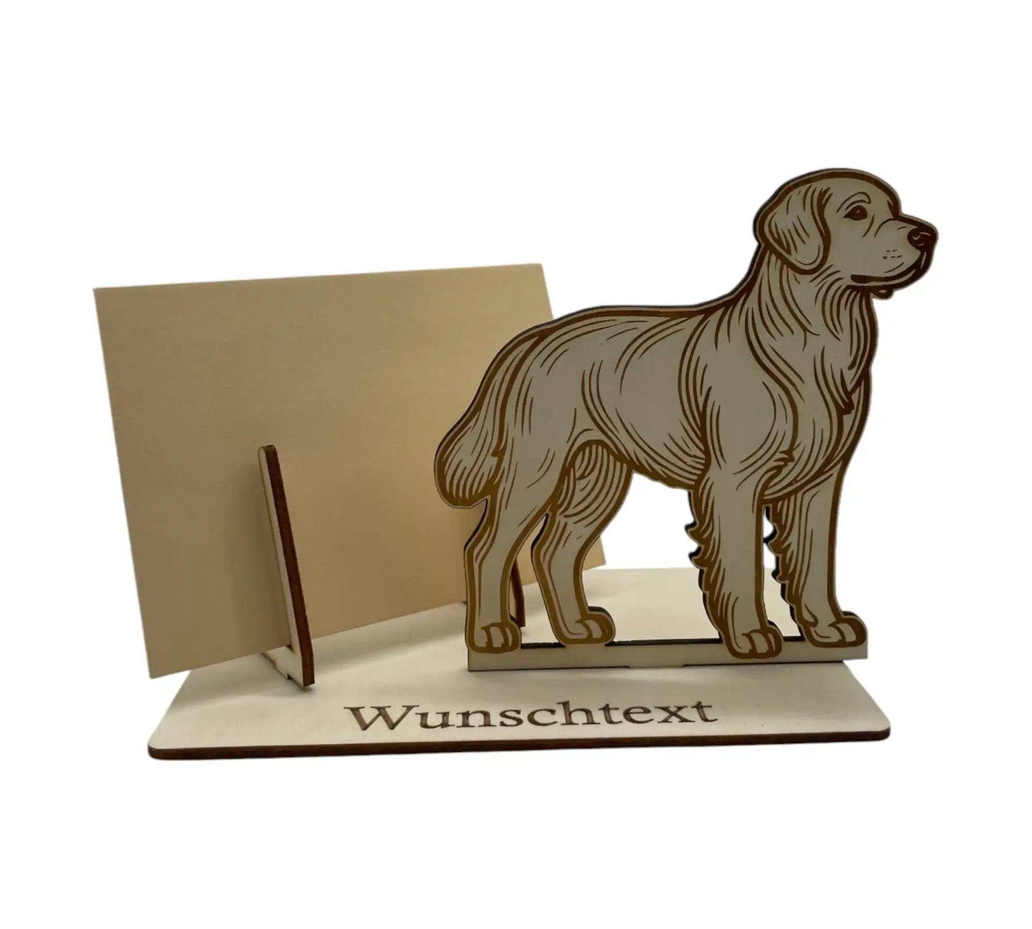 Kreative Holz-Gutscheinverpackung mit Golden Retriever-Motiv, ideal für Tierliebhaber. Gutschein verpacken mit persönlicher Gravur für besondere Anlässe.