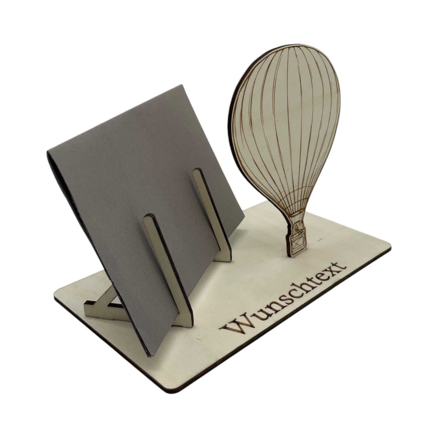 Gutschein verpacken im Heißluftballon-Stil – Holzhalter mit Wunschtext personalisierbar, ideal für Abenteuerlustige und kreative Geldgeschenke.