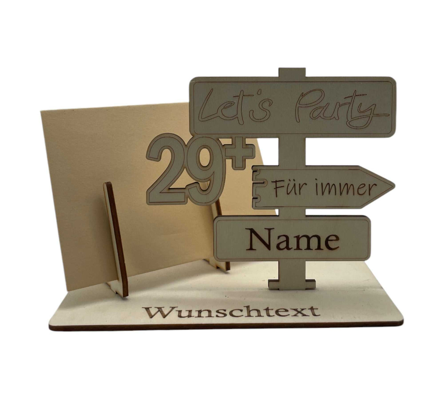 Wegweiser-Gutscheinverpackung aus Holz mit „Für immer 29+“-Design, ideal für den 30 Geburtstag. Perfekt für Geldgeschenke und Gutscheine.