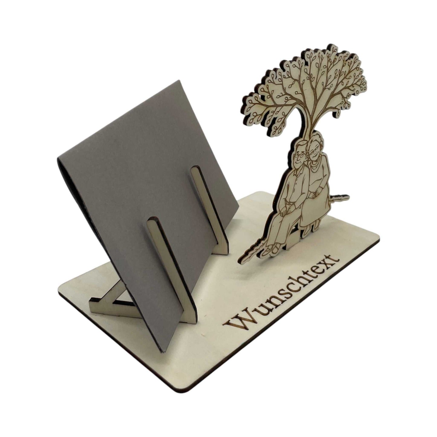Kreative Holz-Gutscheinverpackung mit Paar unter einem Baum – perfekt zum Gutschein verpacken für Dankesgeschenke und Geburtstage.