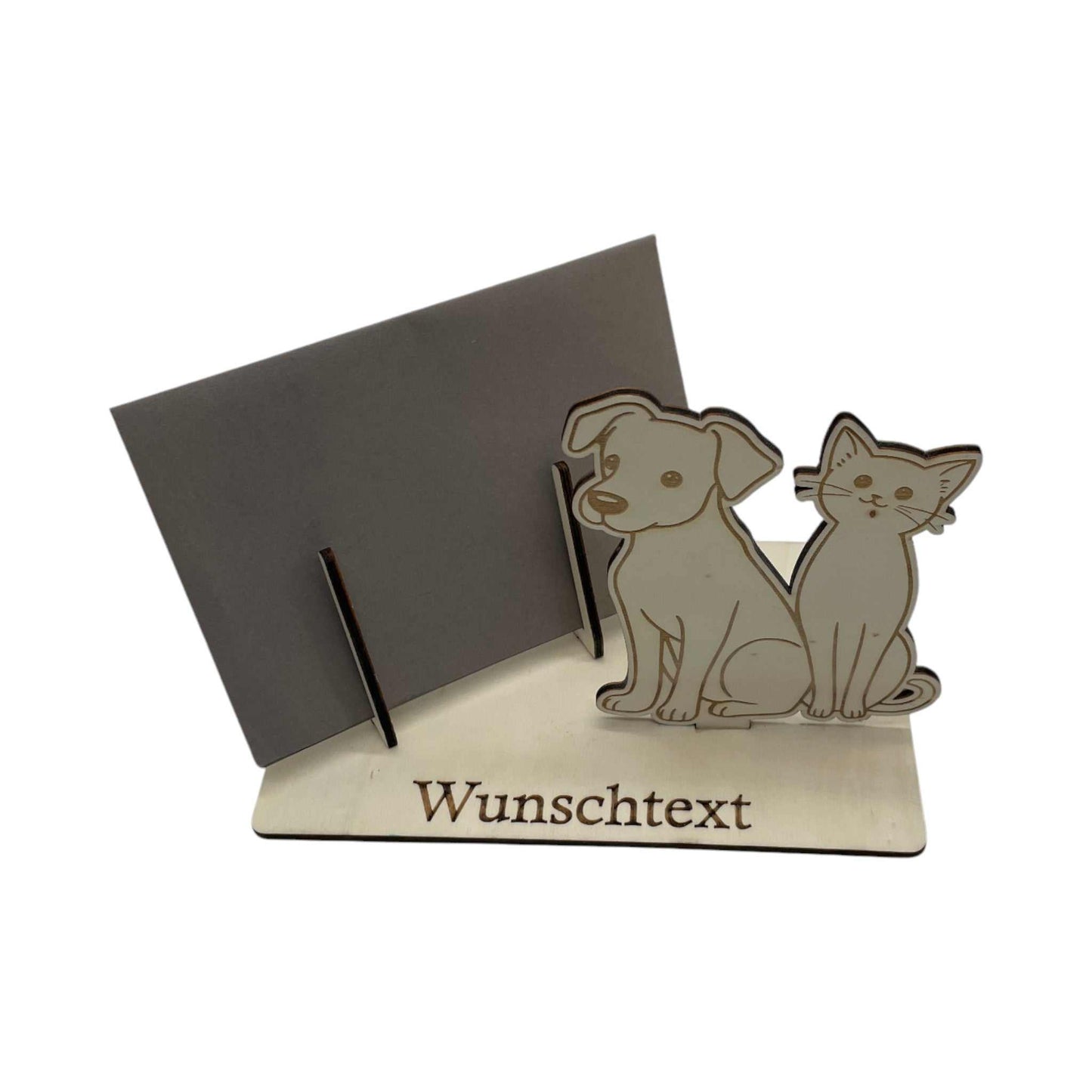 Gutscheinverpackung aus Holz mit Tiermotiv – Hund und Katze. Ideal für Gutscheine und Geldgeschenke, personalisierbar mit Wunschtext.