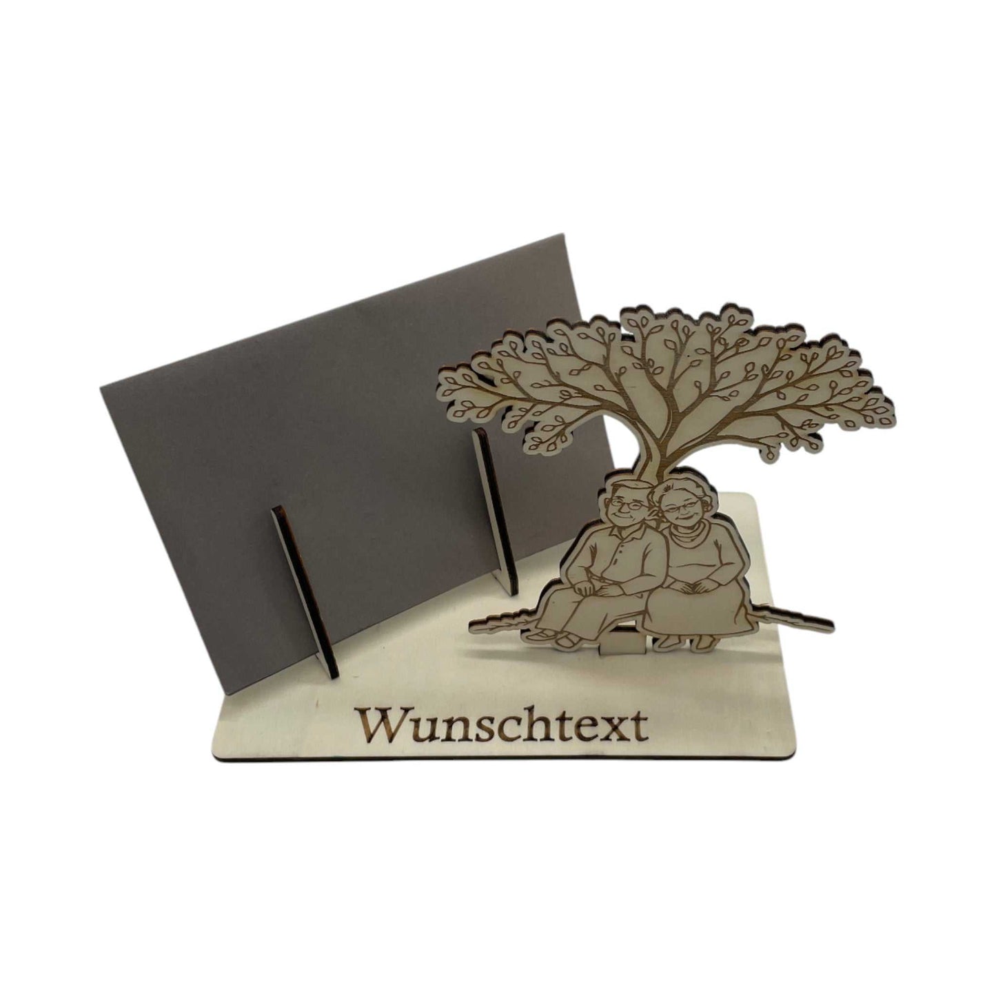 Holz-Gutscheinhalter mit Motiv eines Paares unter einem Baum – kreative Verpackung für Gutscheine und Geldgeschenke zu besonderen Anlässen..