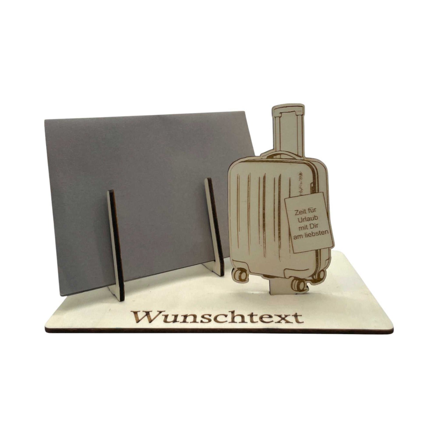 Holz-Gutscheinverpackung im Reisekoffer-Design, ideal für Urlaube und Erlebnisse. Perfekt zum Gutschein verpacken, mit Wunschgravur personalisierbar.