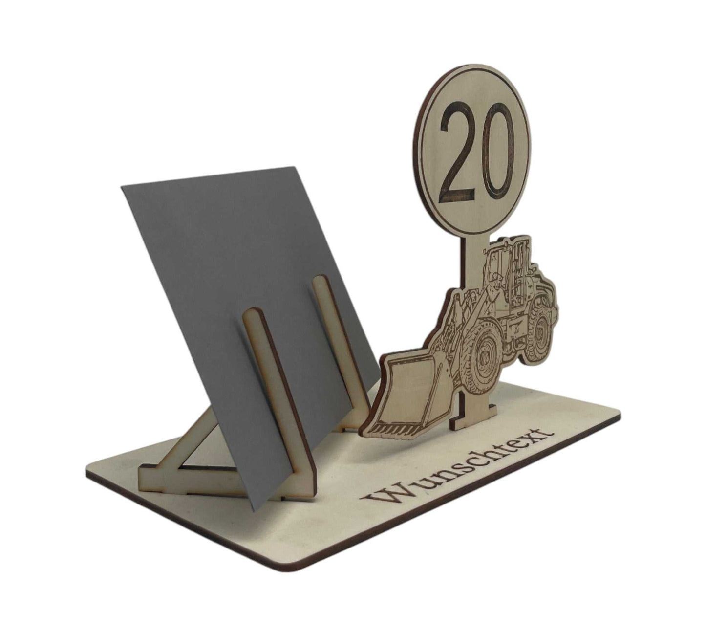 Individuelle Geschenkverpackung für den 20 Geburtstag – Wunschgravur mit Namen und Baumaschinen-Design für eine persönliche Note.