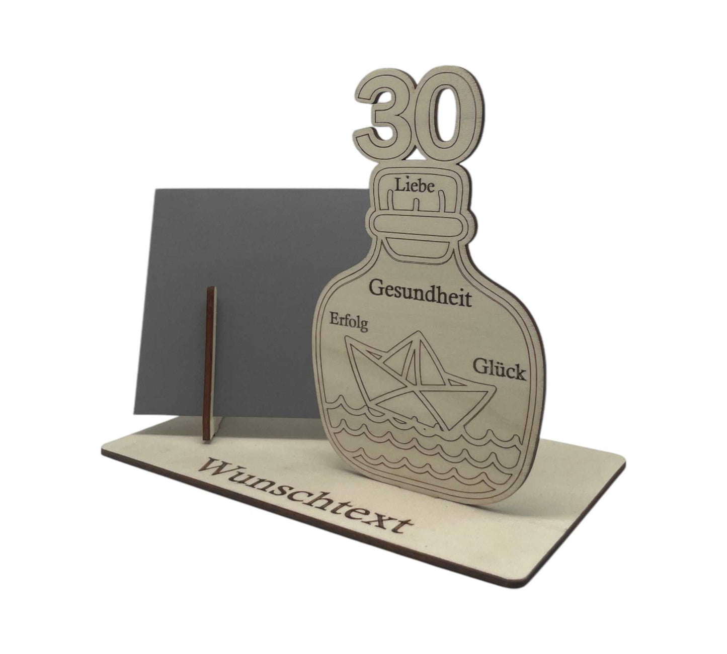Individuelle Geschenkverpackung für den 30 Geburtstag – stilvolles Flaschen-Motiv mit Wunschgravur für persönliche Glückwünsche.