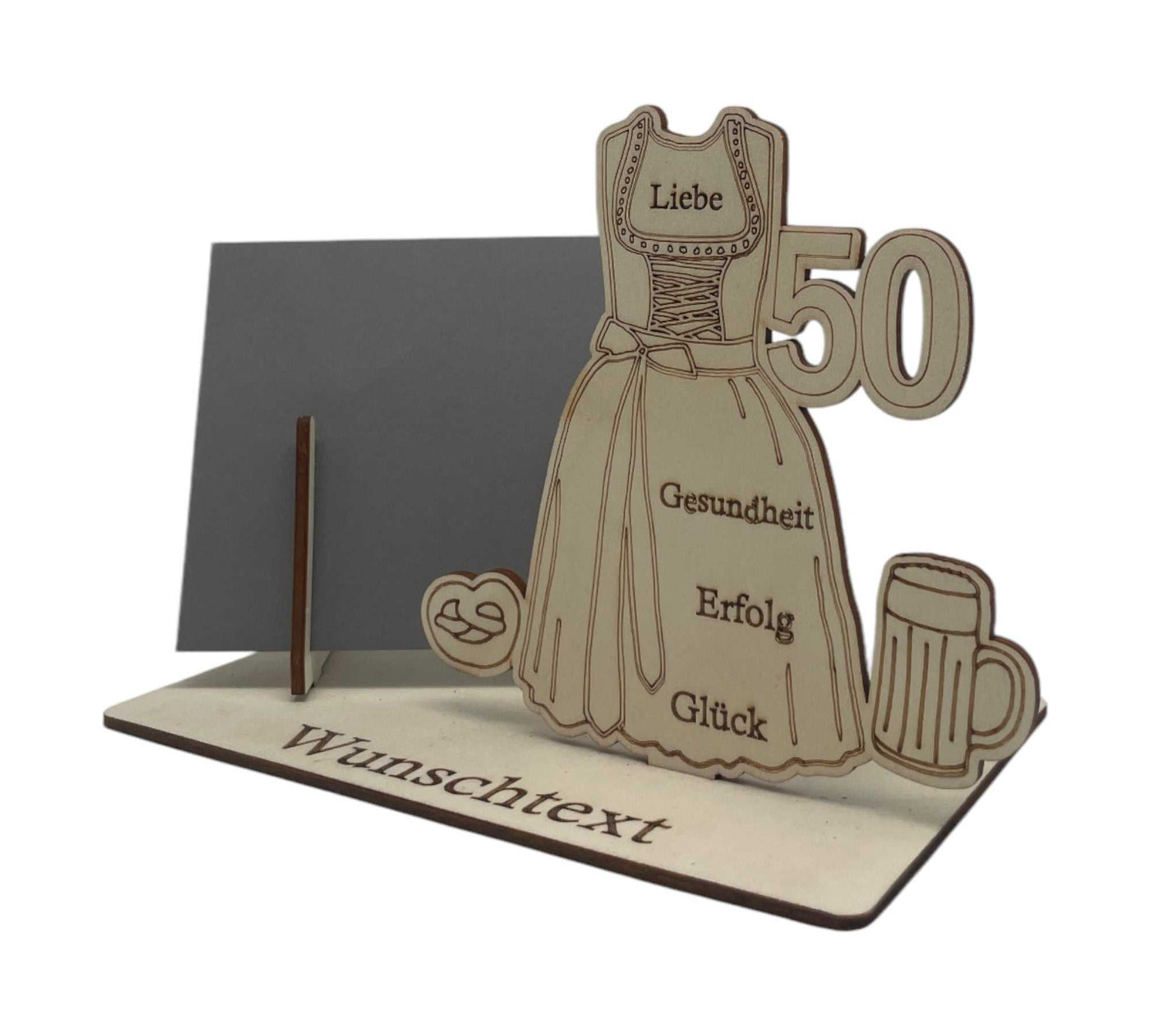 Individuelle Geschenkverpackung für den 50 Geburtstag – personalisierte Gravur mit Dirndl, perfekt für Trachtenliebhaber und Wiesn-Fans.