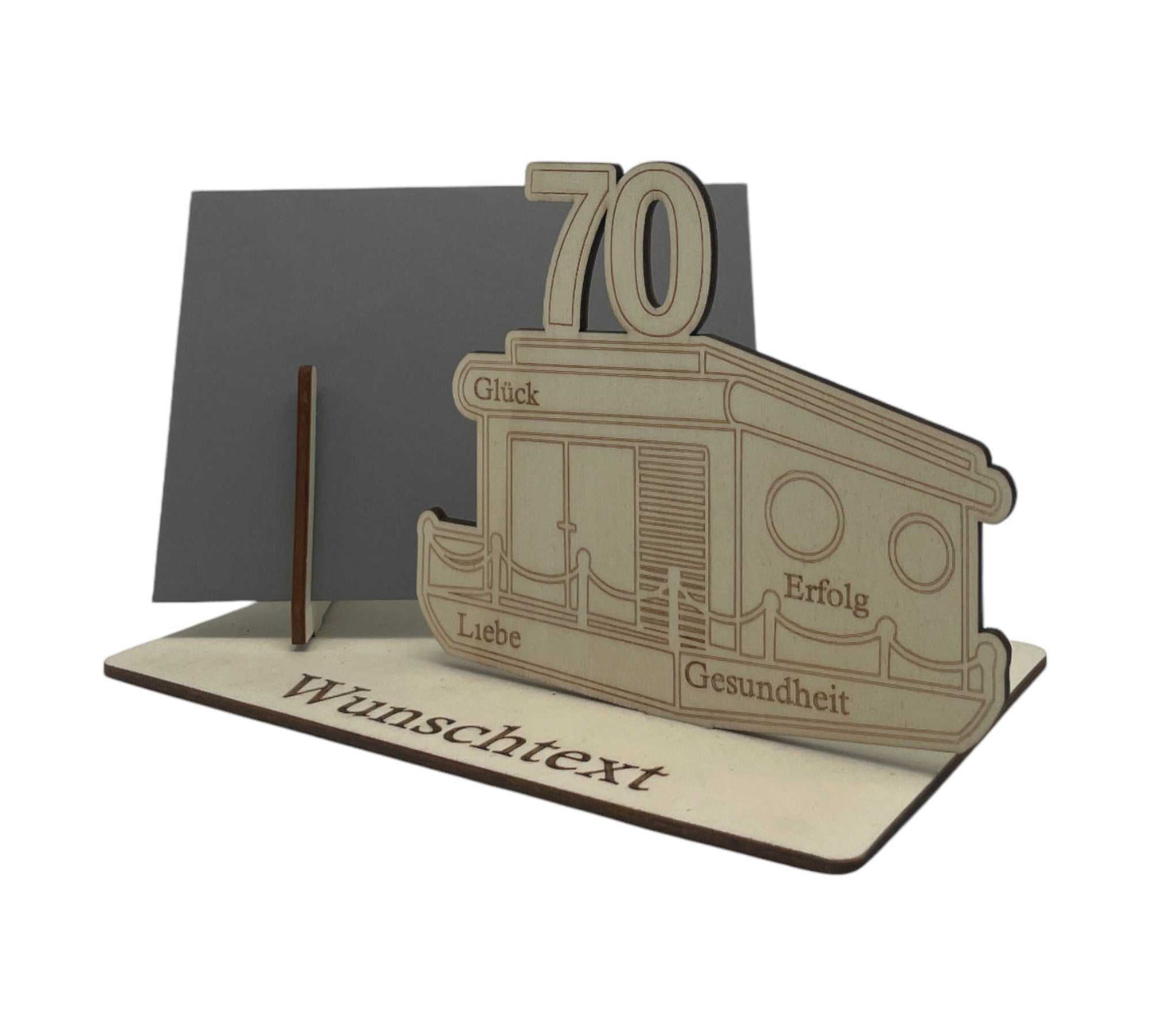 Individuelle Geschenkverpackung für den 70. Geburtstag – personalisierte Gravur mit Hausboot-Symbol, ideal für Reise- und Meeresliebhaber.
