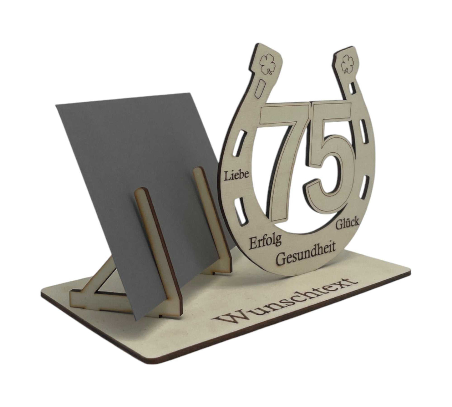 Individuelle Geschenkverpackung für den 75. Geburtstag – stilvolles Hufeisen-Design mit Wunschgravur für eine persönliche Note.