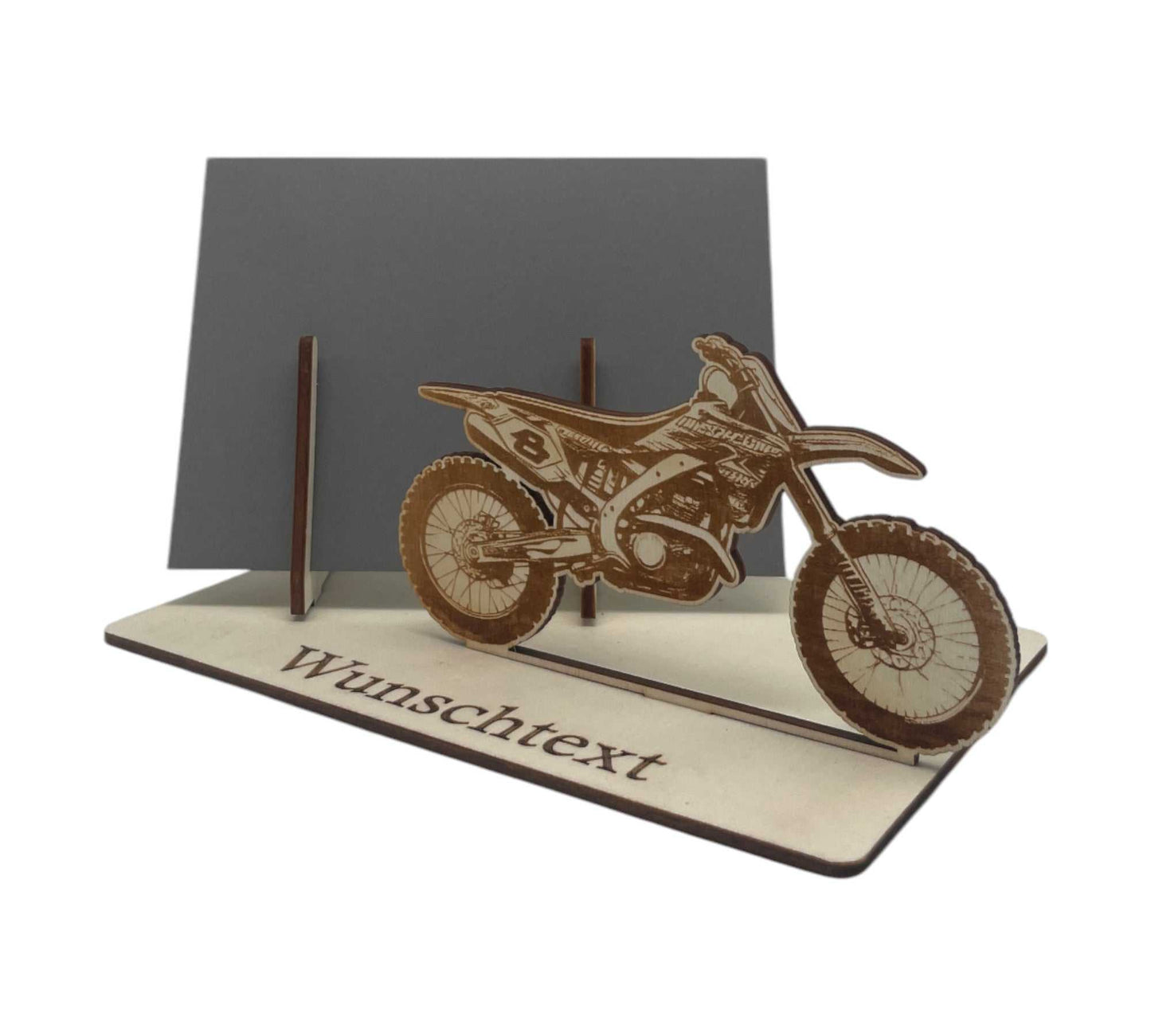 Geschenkidee mit Crossbike aus Holz – personalisierbarer Halter mit Umschlag
