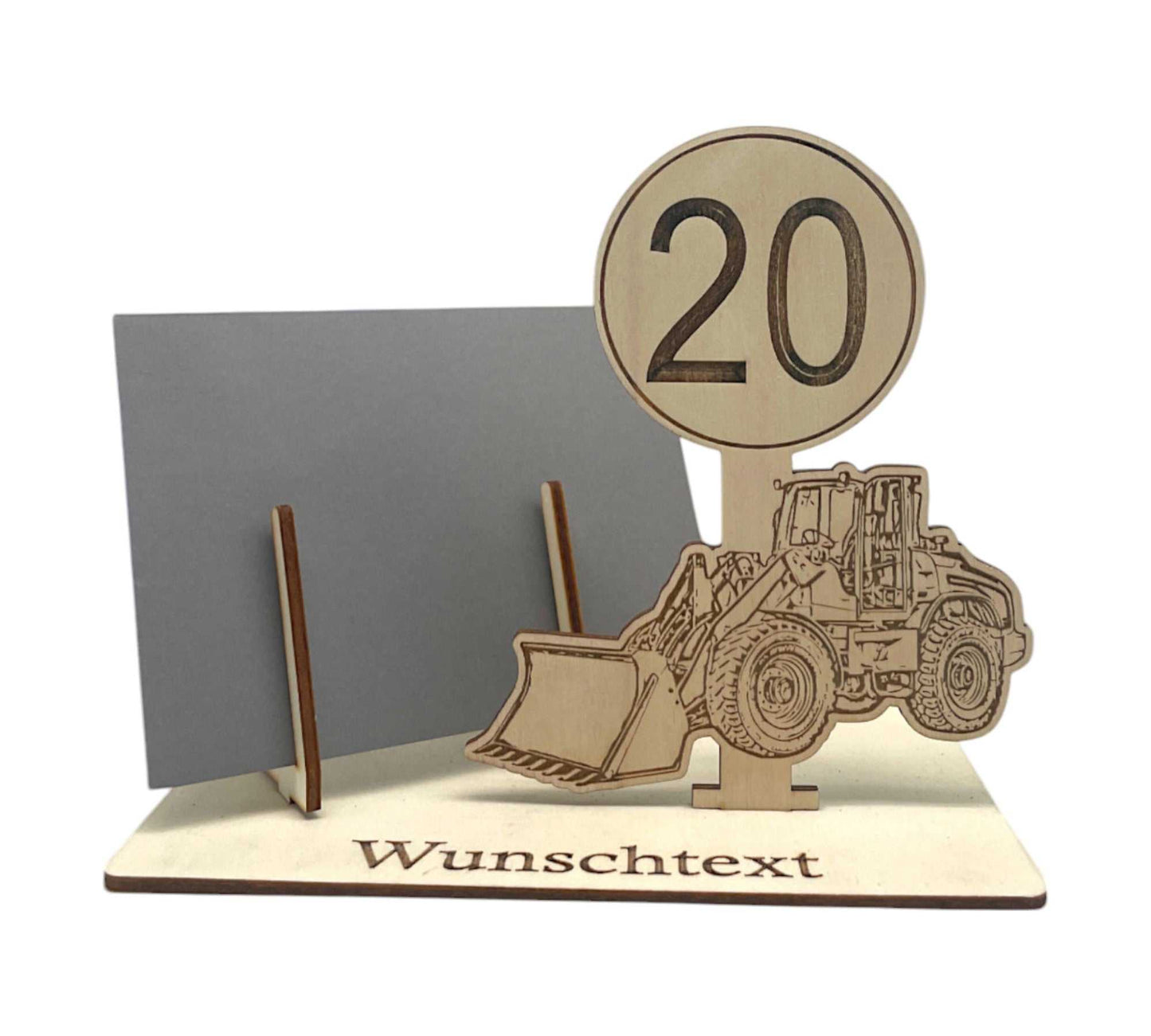 Personalisierte Gutscheinverpackung für den 20. Geburtstag – kreatives Design mit Baumaschinen-Motiv, perfekt für Baustellen-Fans.