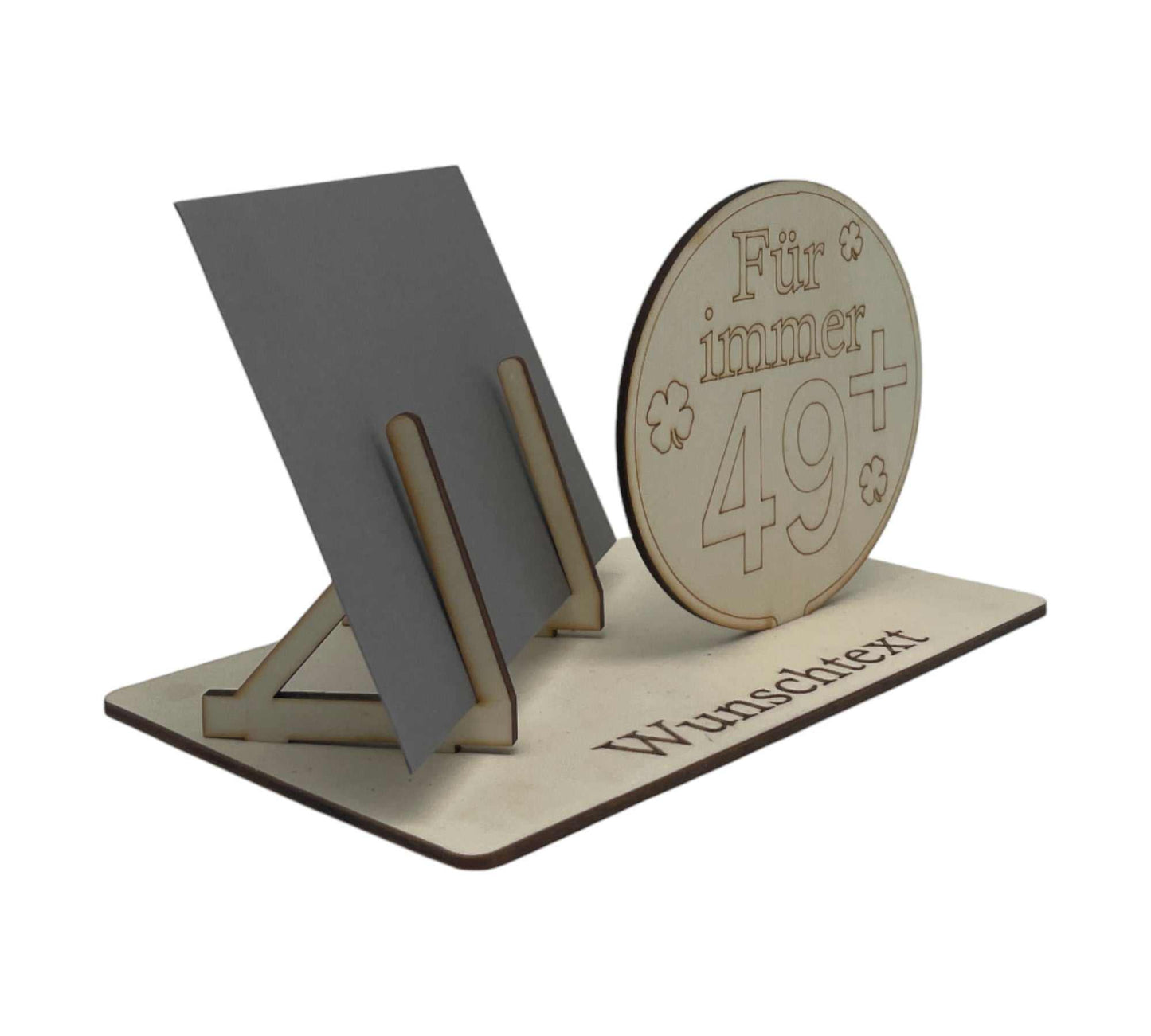 Personalisierte Gutscheinverpackung für den 50 Geburtstag – humorvolles Design mit „Für immer 49+“ und individueller Wunschgravur.