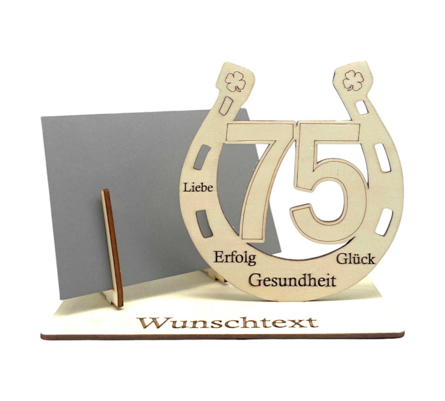 Personalisierte Gutscheinverpackung für den 75. Geburtstag – Hufeisen-Symbol für Glück mit Gravur und persönlicher Widmung.