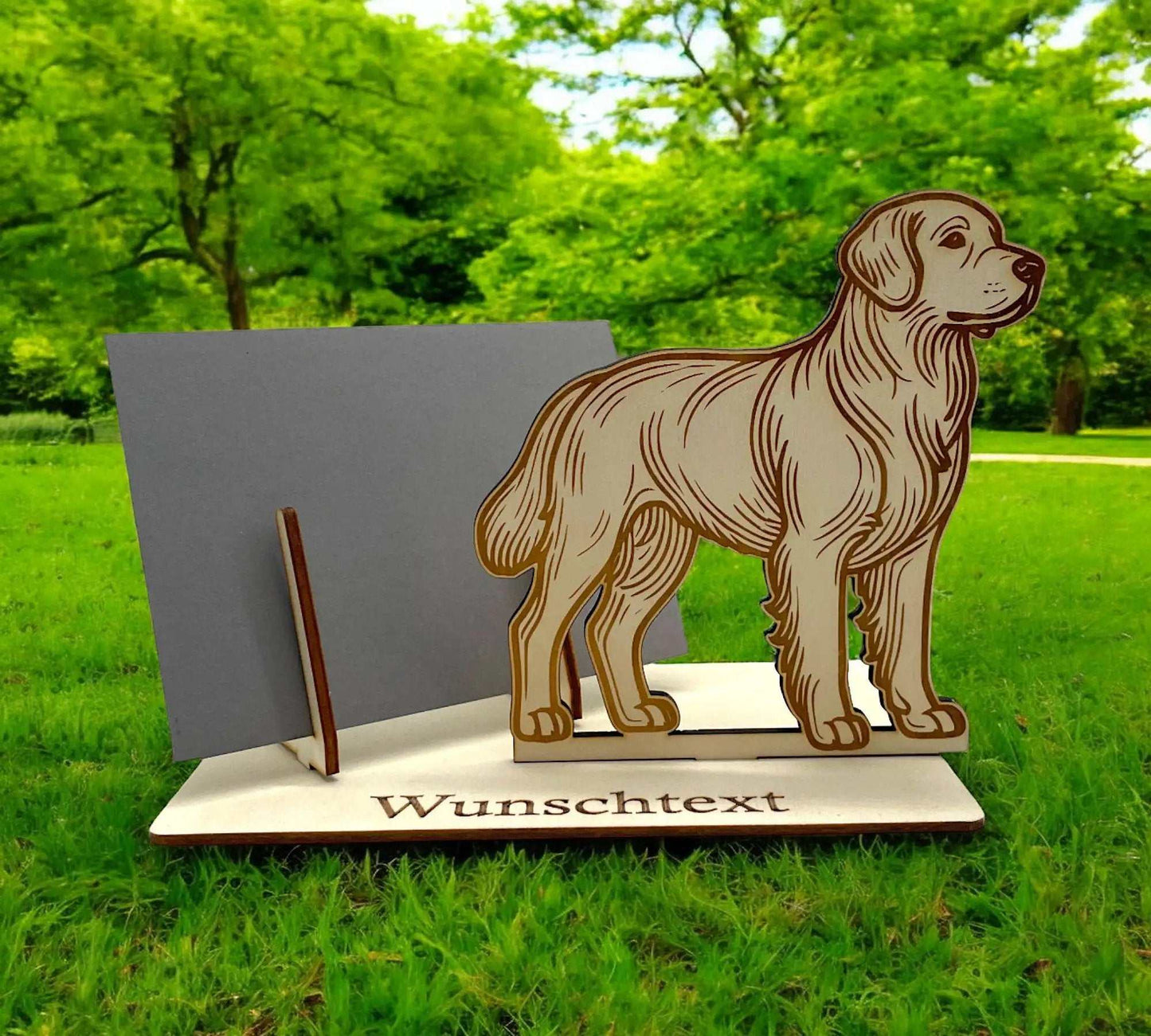 Holz-Gutscheinverpackung mit Golden Retriever-Motiv, ideal zum stilvollen Gutschein verpacken. Perfekt für Tierliebhaber und Hundefreunde, personalisierbar.