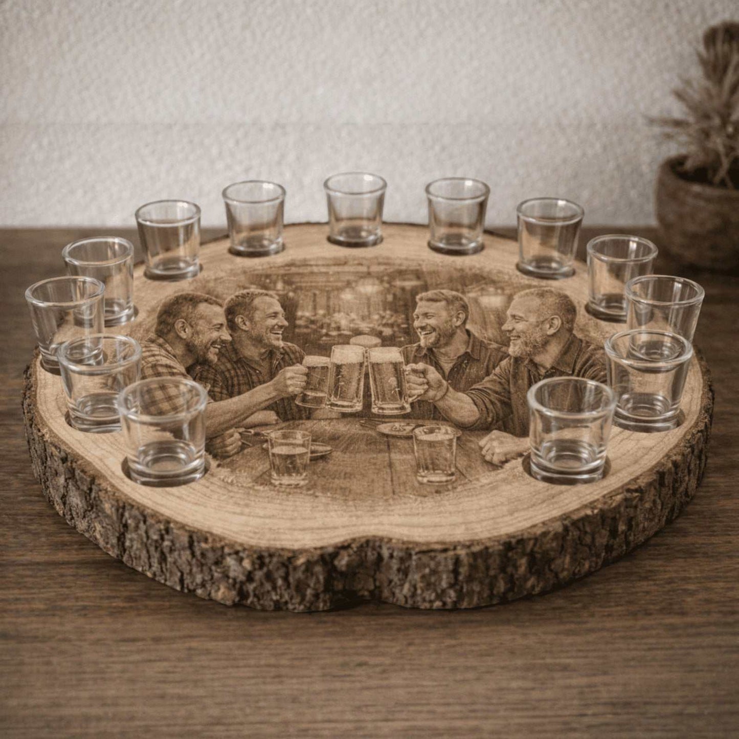 baumscheibe schnapsbank mit gravur und individuell gestalteten glaesern