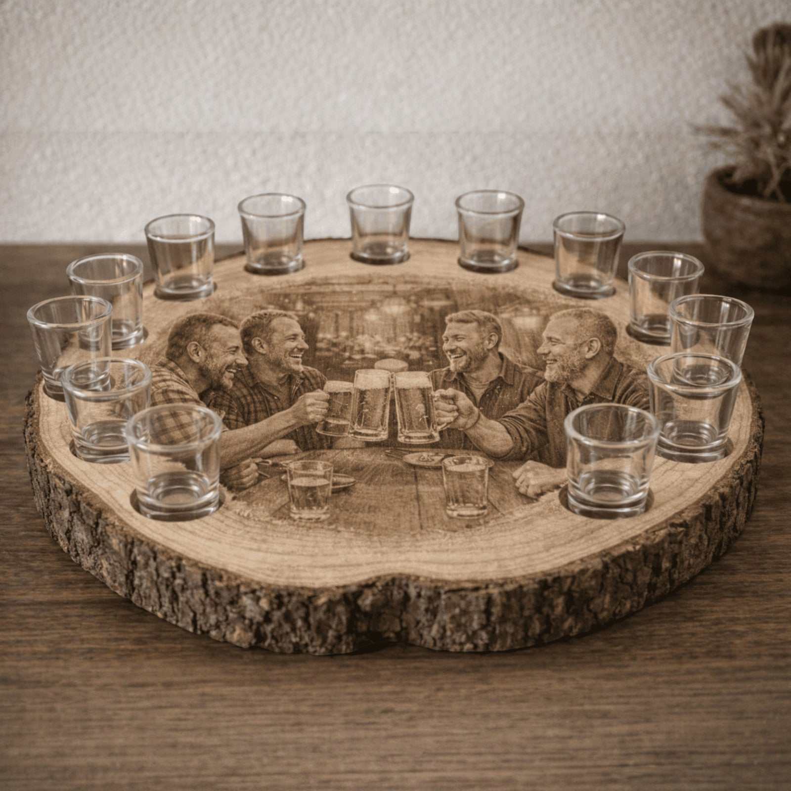 baumscheibe schnapsbank mit gravur und individuell gestalteten glaesern