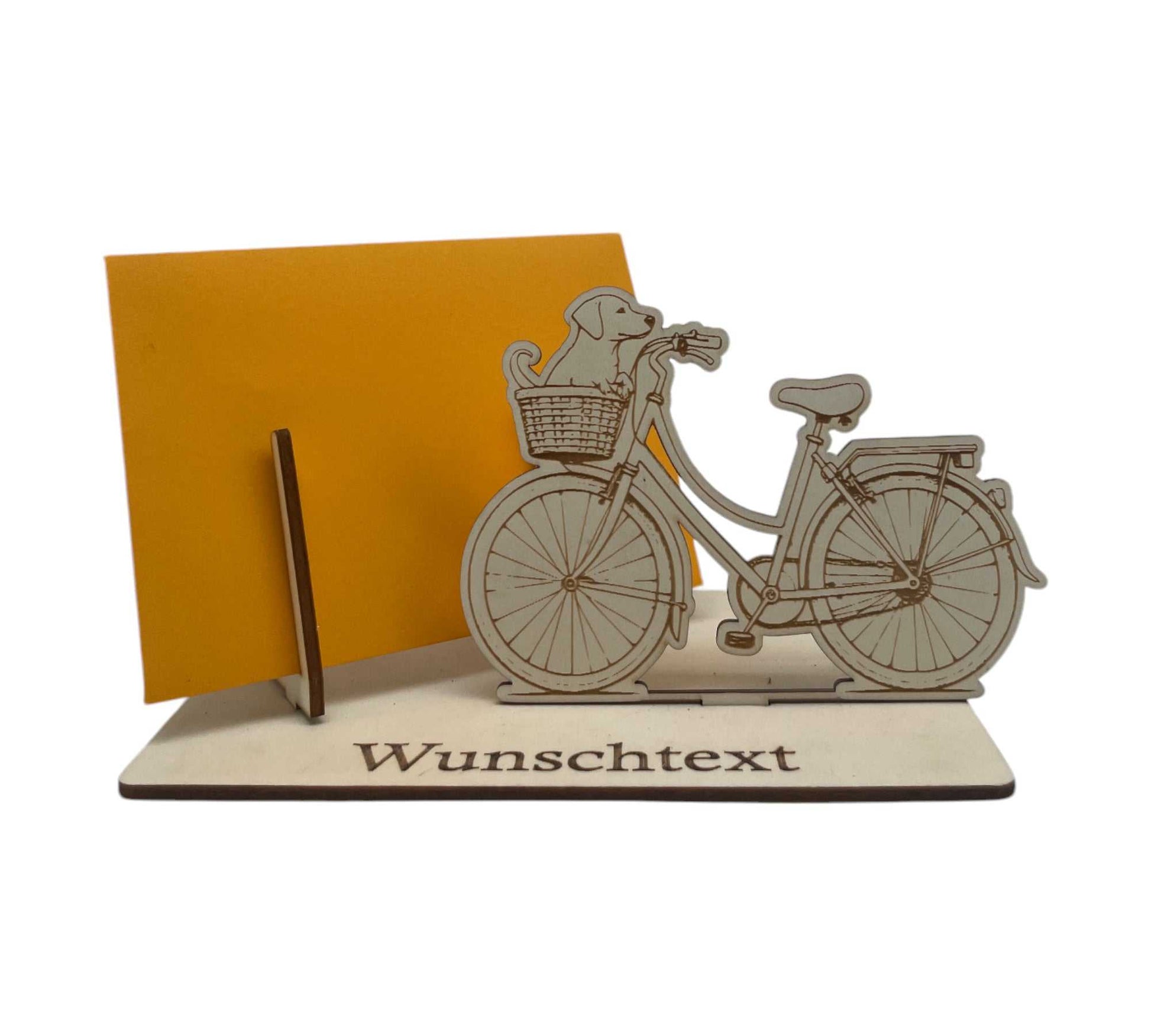 Gutschein verpacken – Damenrad mit Hund im Korb und Wunschtext – Geschenke