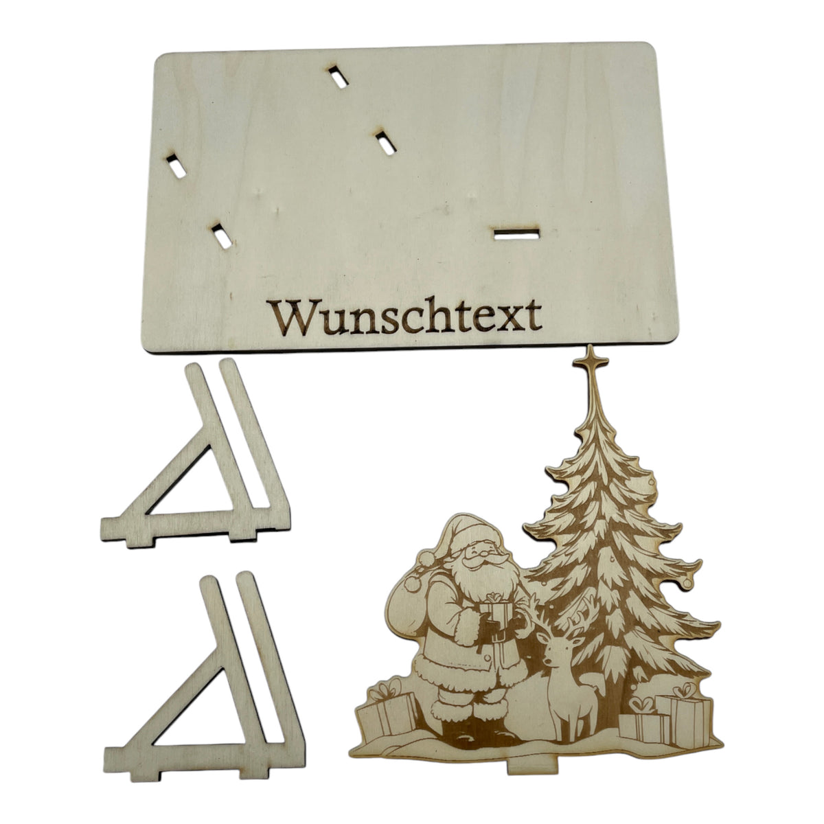 Gutscheinverpackung Weihnachten aus Holz mit Weihnachtsmann am Tannenbaum und Wunschtext, Ansicht 3