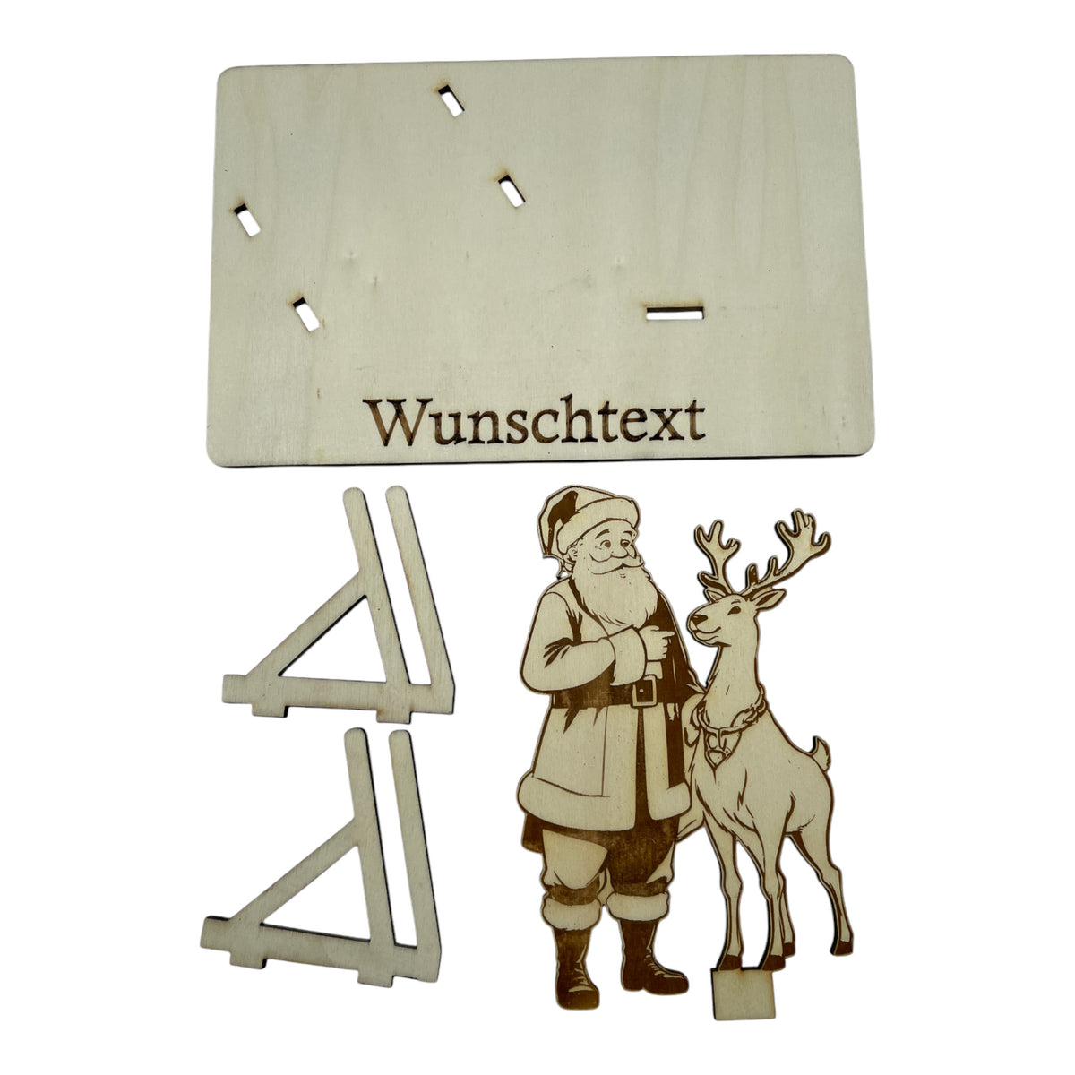 Gutscheinverpackung Weihnachten aus Holz mit Weihnachtsmann und Rentier und Wunschtext, Ansicht 3