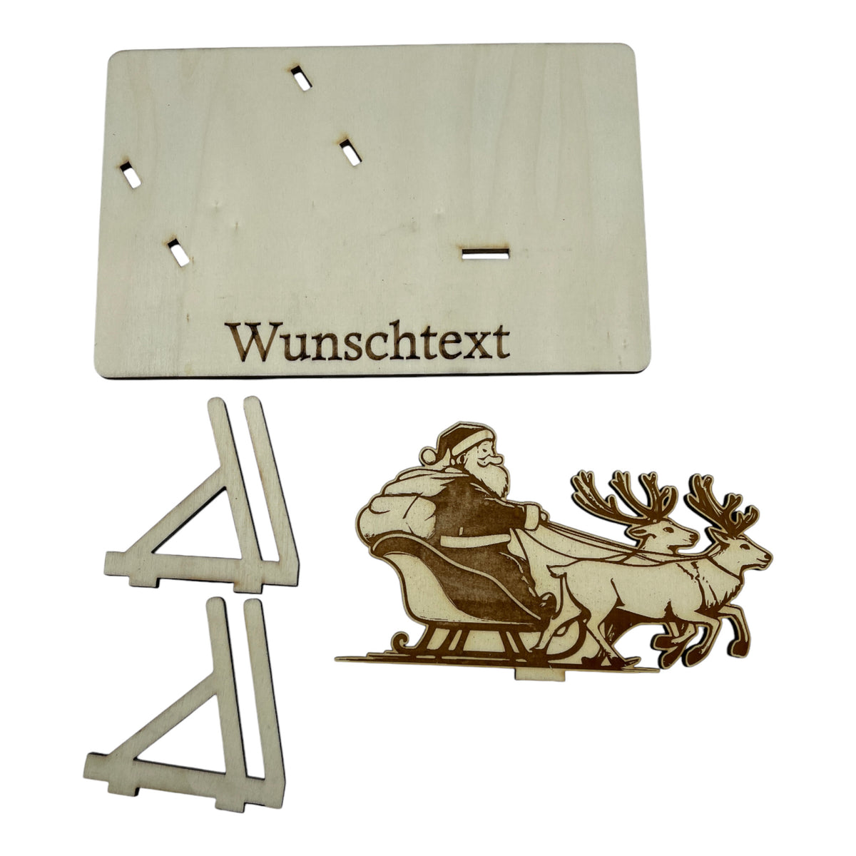 Gutscheinverpackung Weihnachten aus Holz mit Weihnachtsmann im Schlitten und Wunschtext, Ansicht 6