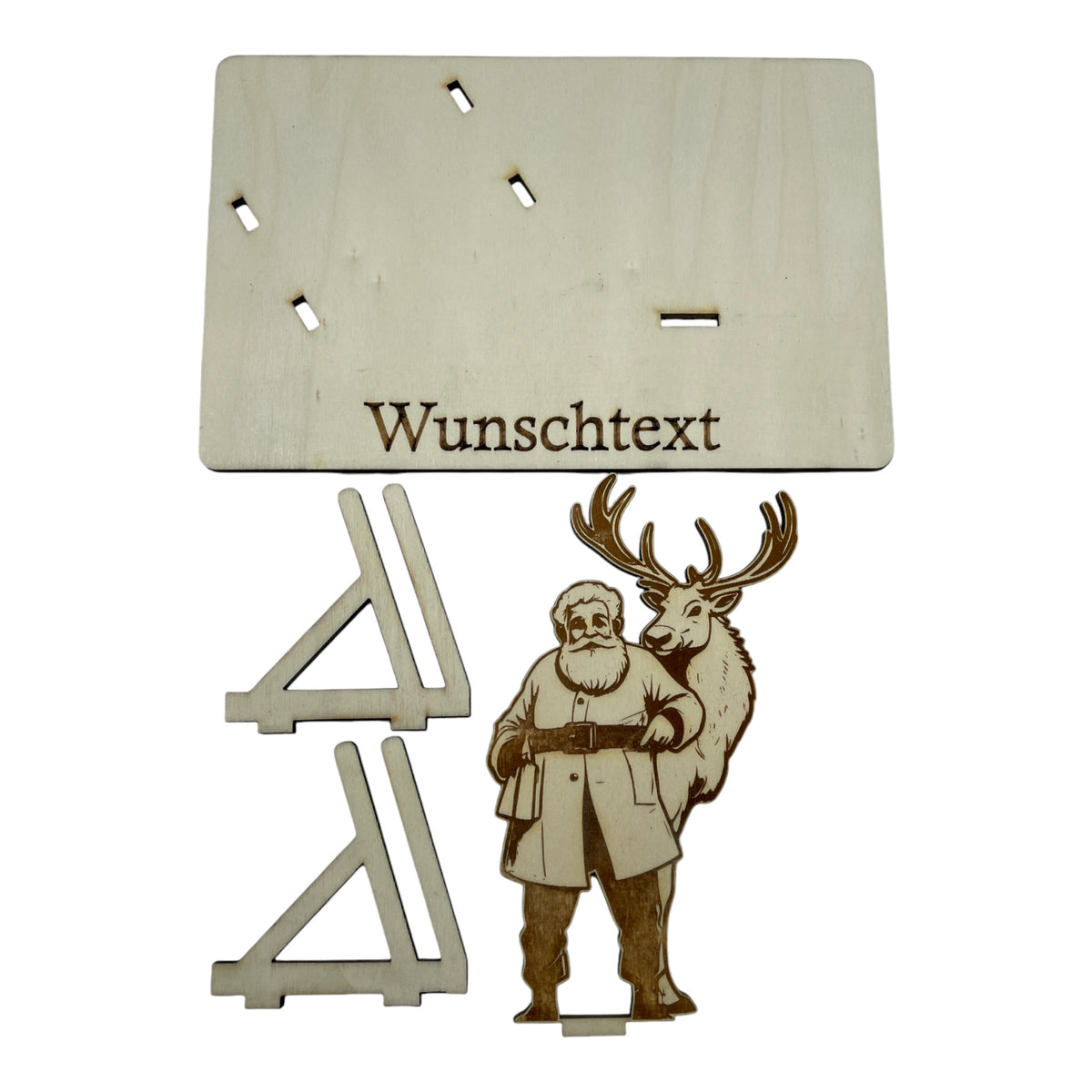 Gutscheinverpackung Weihnachten aus Holz mit Weihnachtsmann und großem Rentier und Wunschtext, Ansicht 7